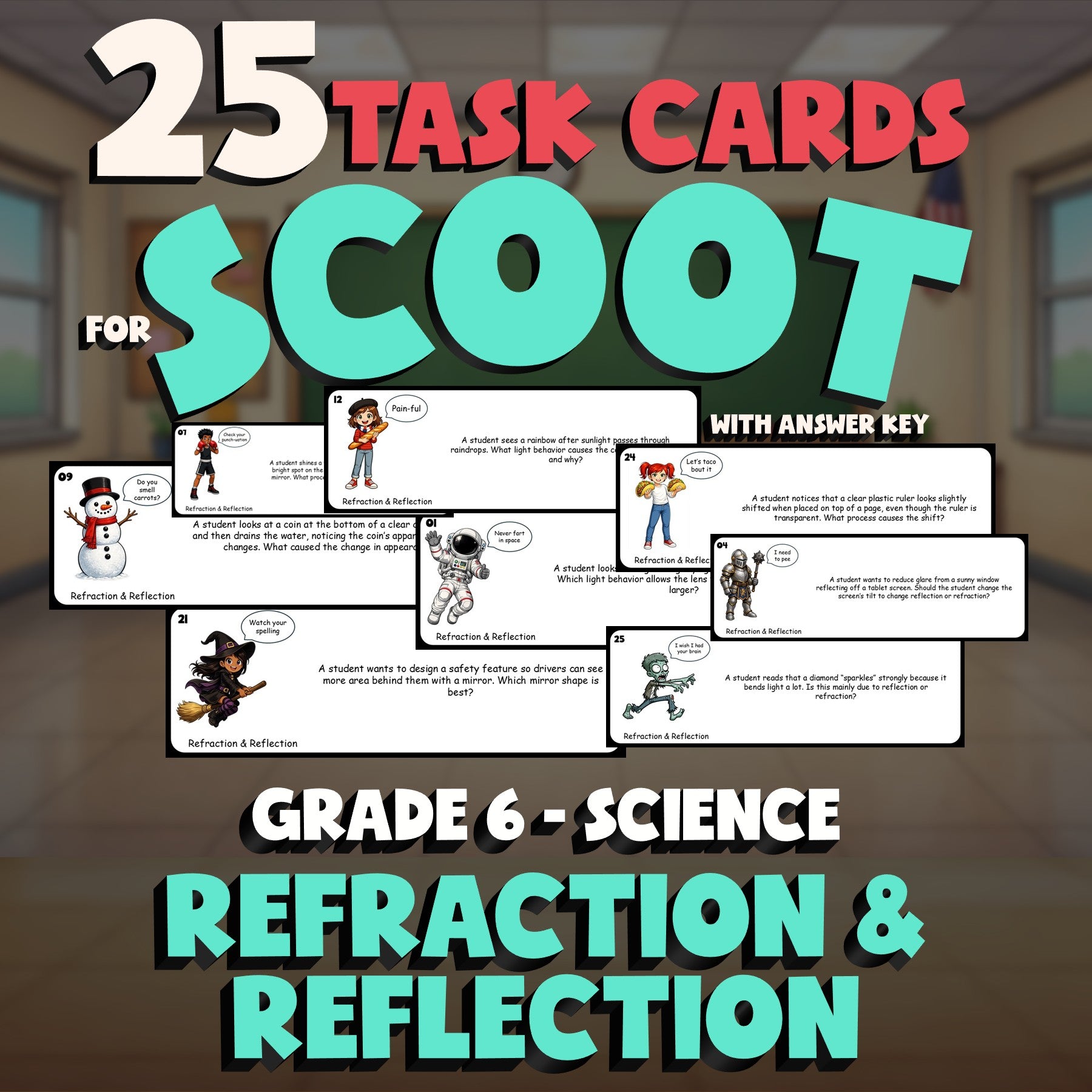 Refraction & Reflection SCOOT TASK CARDS Science Game - No Prep Grade 6 Review