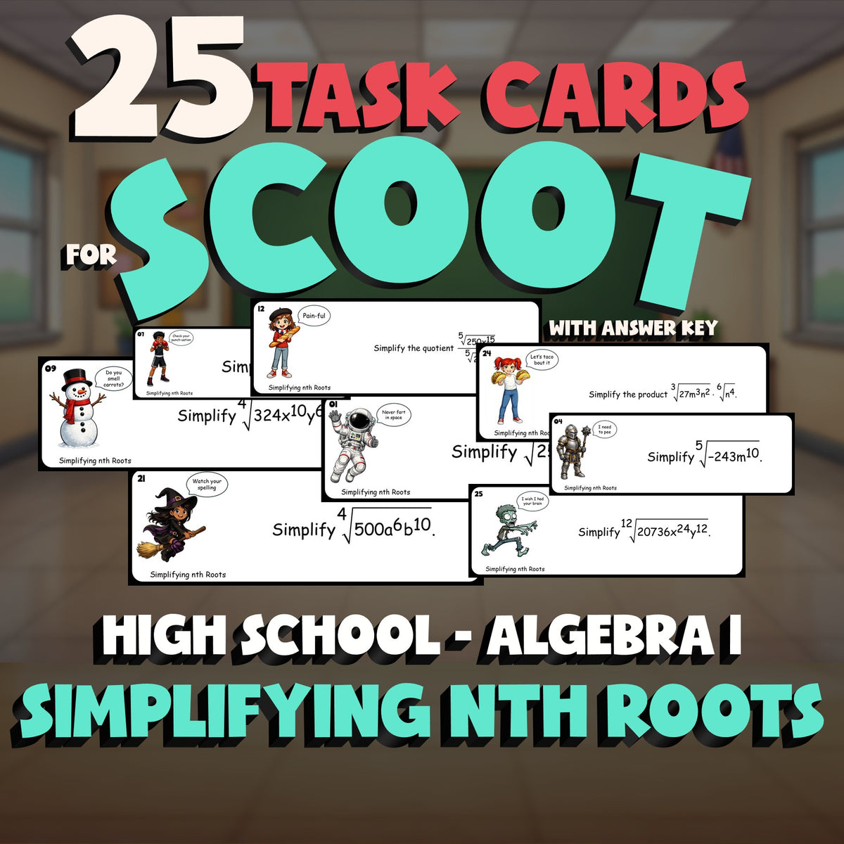 Simplifying nth Roots SCOOT TASK CARDS Math Game - No Prep Algebra 1 Review