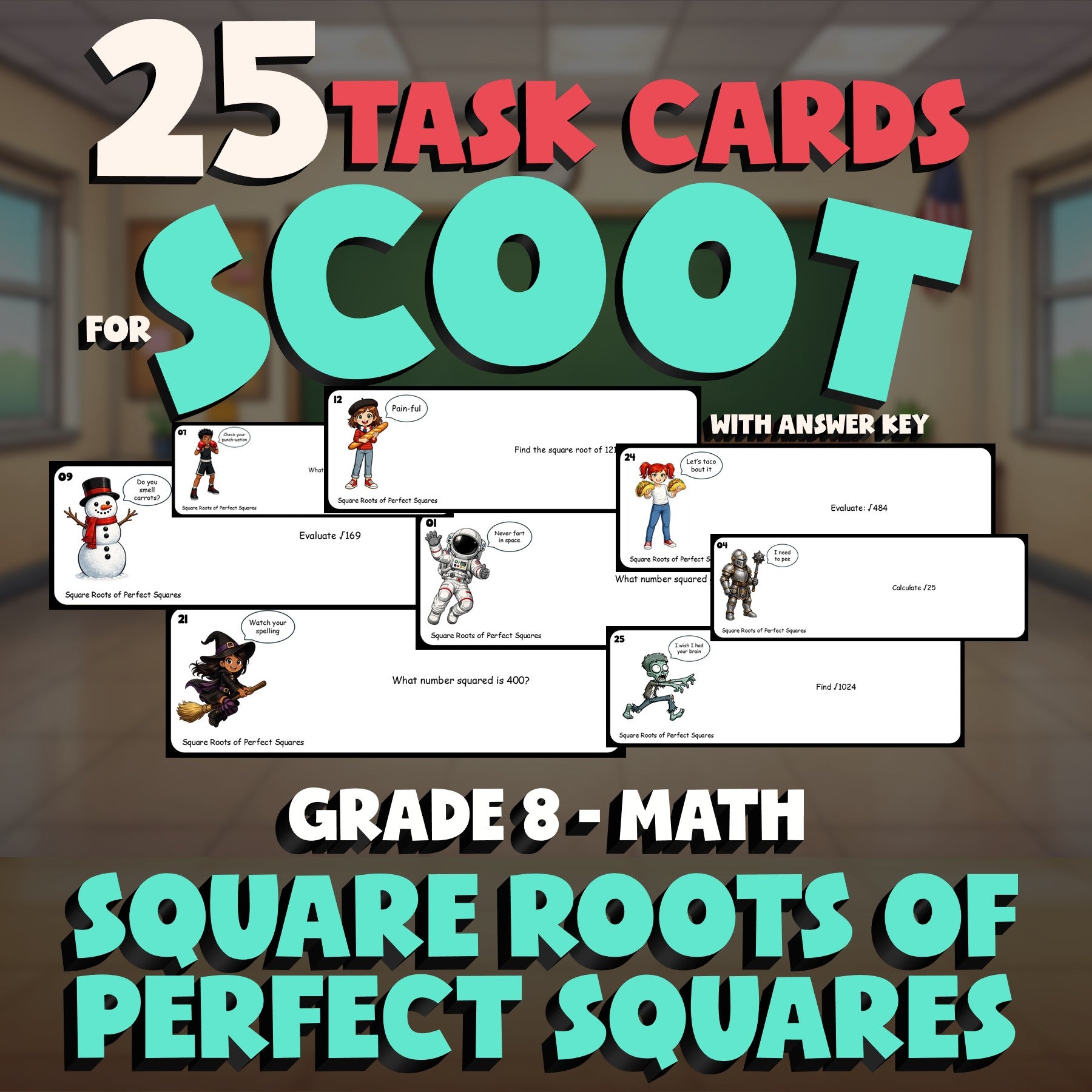 Square Roots of Perfect Squares SCOOT TASK CARDS Math Game - No Prep Grade 8