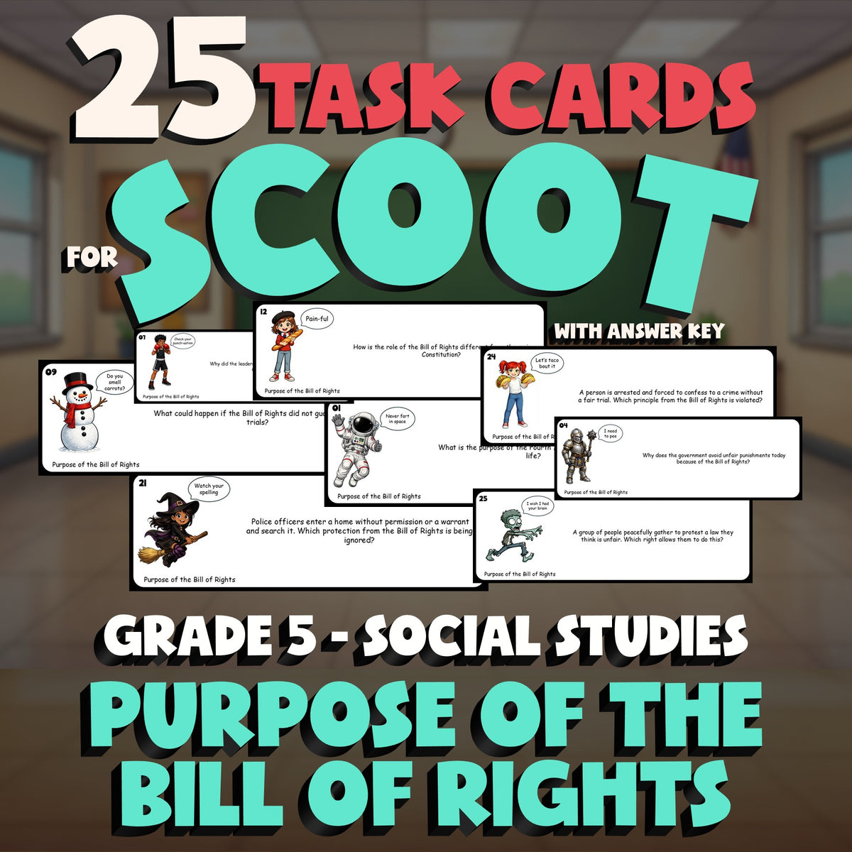 Purpose of the Bill of Rights SCOOT TASK CARDS Socials Game - No Prep Grade 5