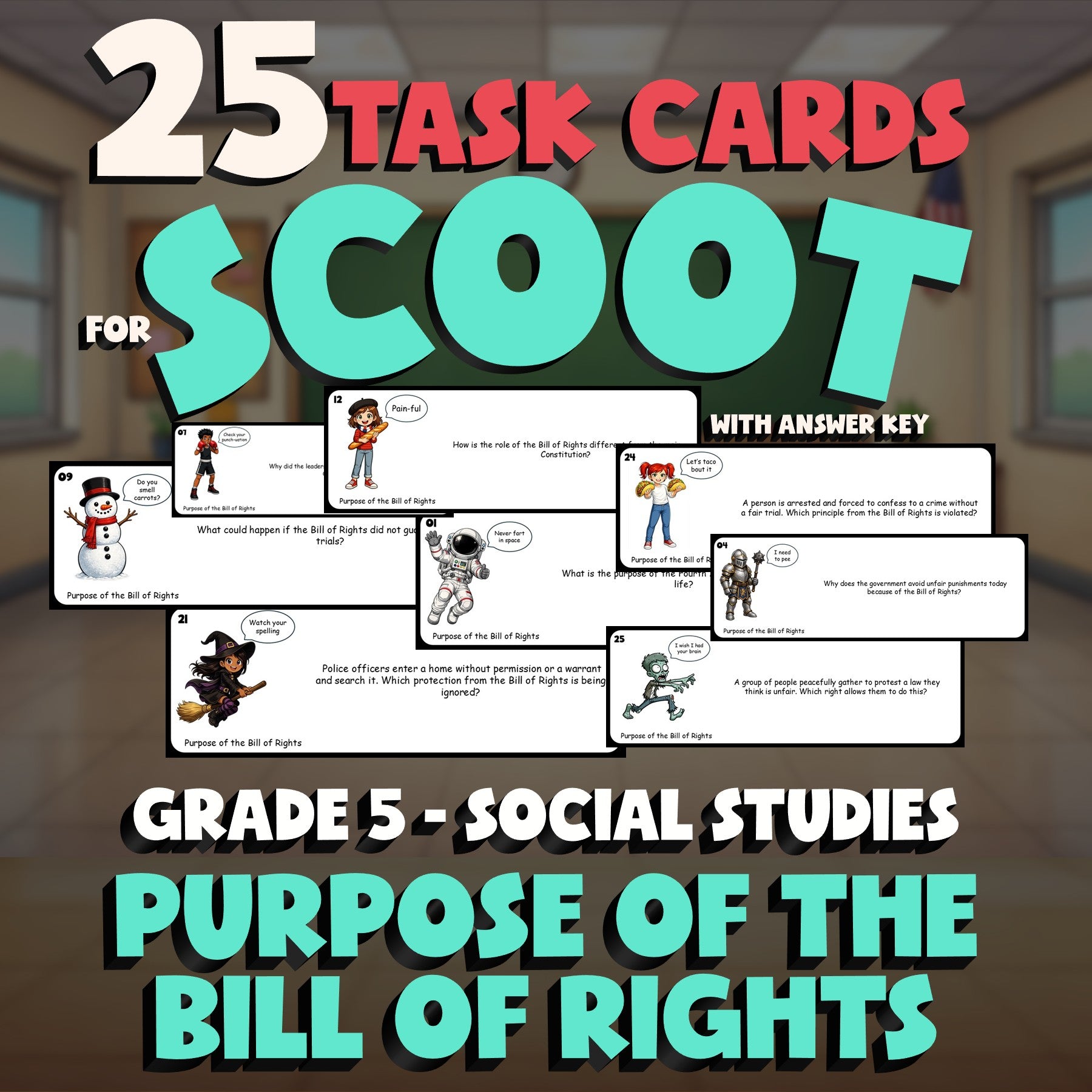 Purpose of the Bill of Rights SCOOT TASK CARDS Socials Game - No Prep Grade 5