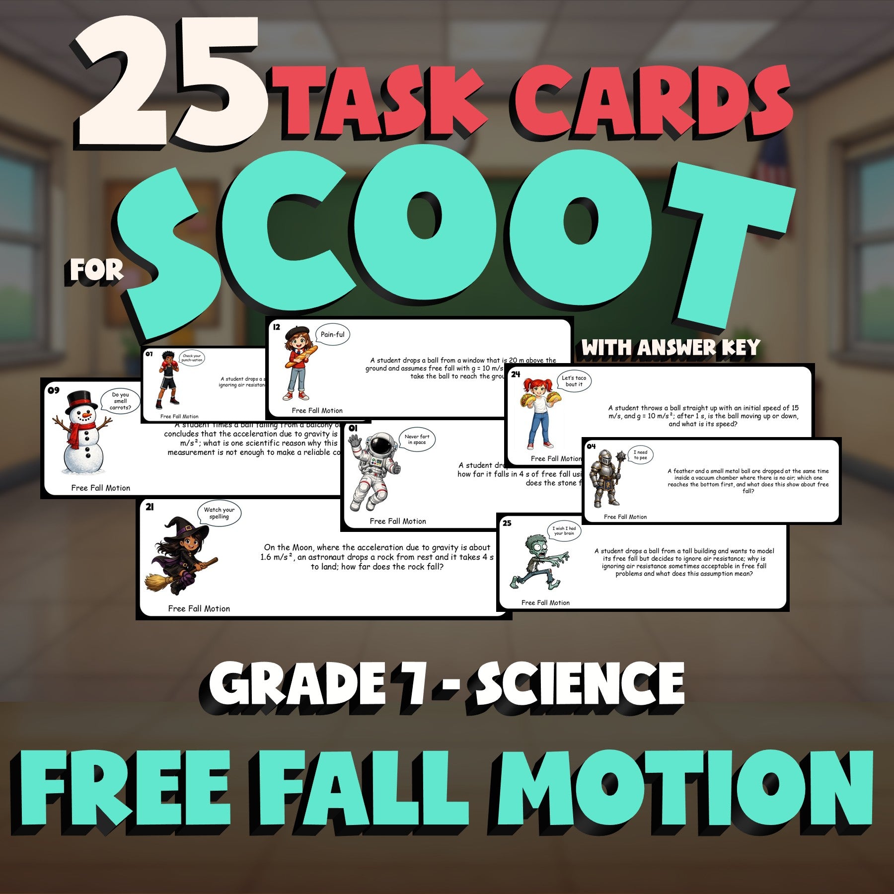 Free Fall Motion SCOOT TASK CARDS Science Game - No Prep Grade 7 Review Activity