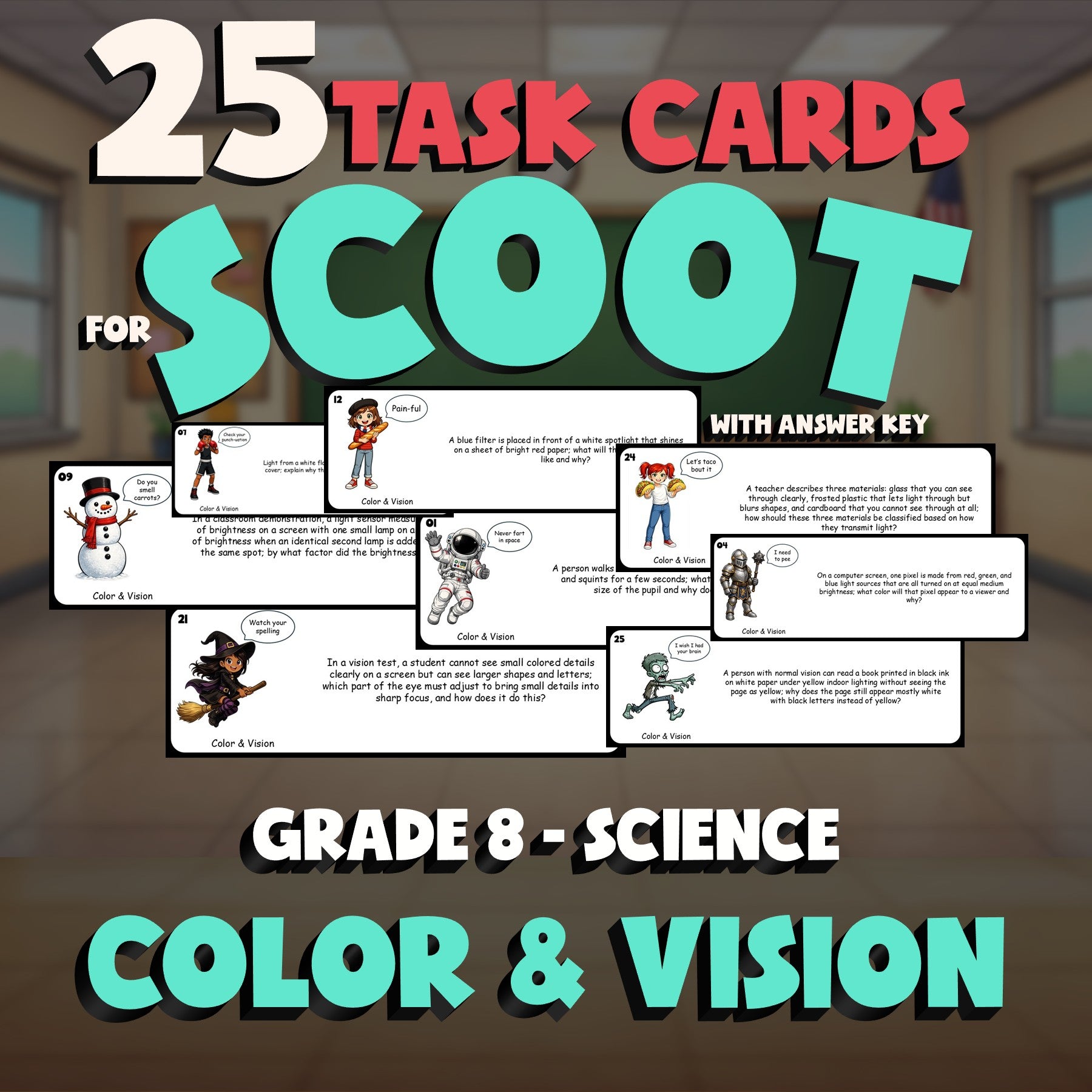 Color & Vision SCOOT TASK CARDS Science Game - No Prep Grade 8 Review Activity