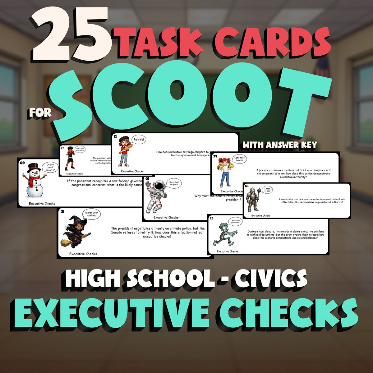 Executive Checks SCOOT TASK CARDS Civics Game - No Prep Review Activity