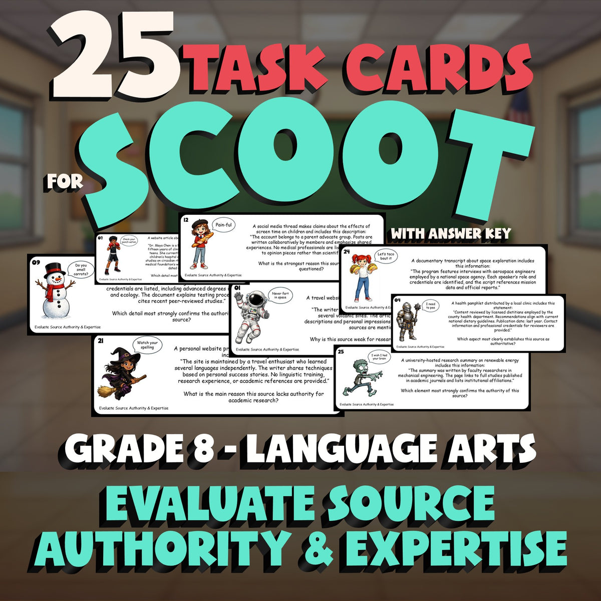 Evaluate Source Authority & Expertise SCOOT TASK CARDS ELA Game - Grade 8
