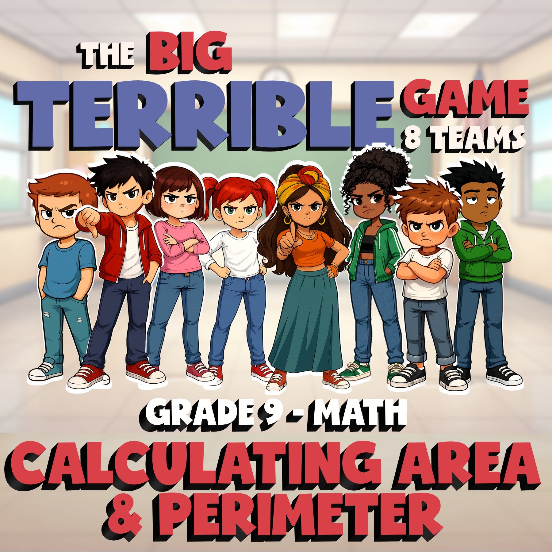 Calculating Area & Perimeter BIG TERRIBLE GAME - No Prep Grade 9 Math Review