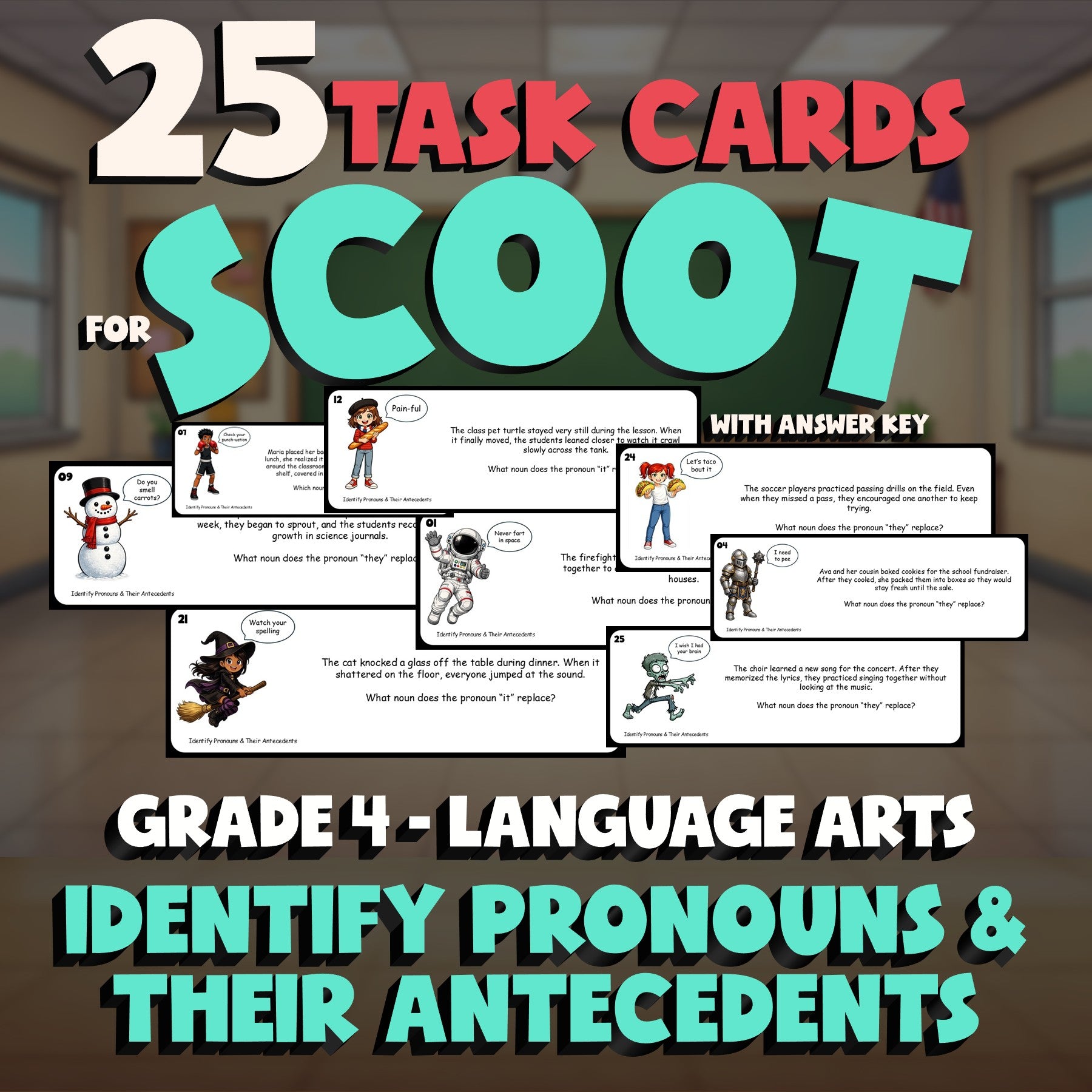 Identify Pronouns & Their Antecedents SCOOT TASK CARDS ELA Game - Grade 4