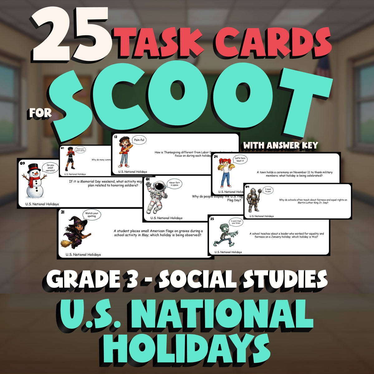 U.S. National Holidays SCOOT TASK CARDS Socials Game - No Prep Grade 3 Review