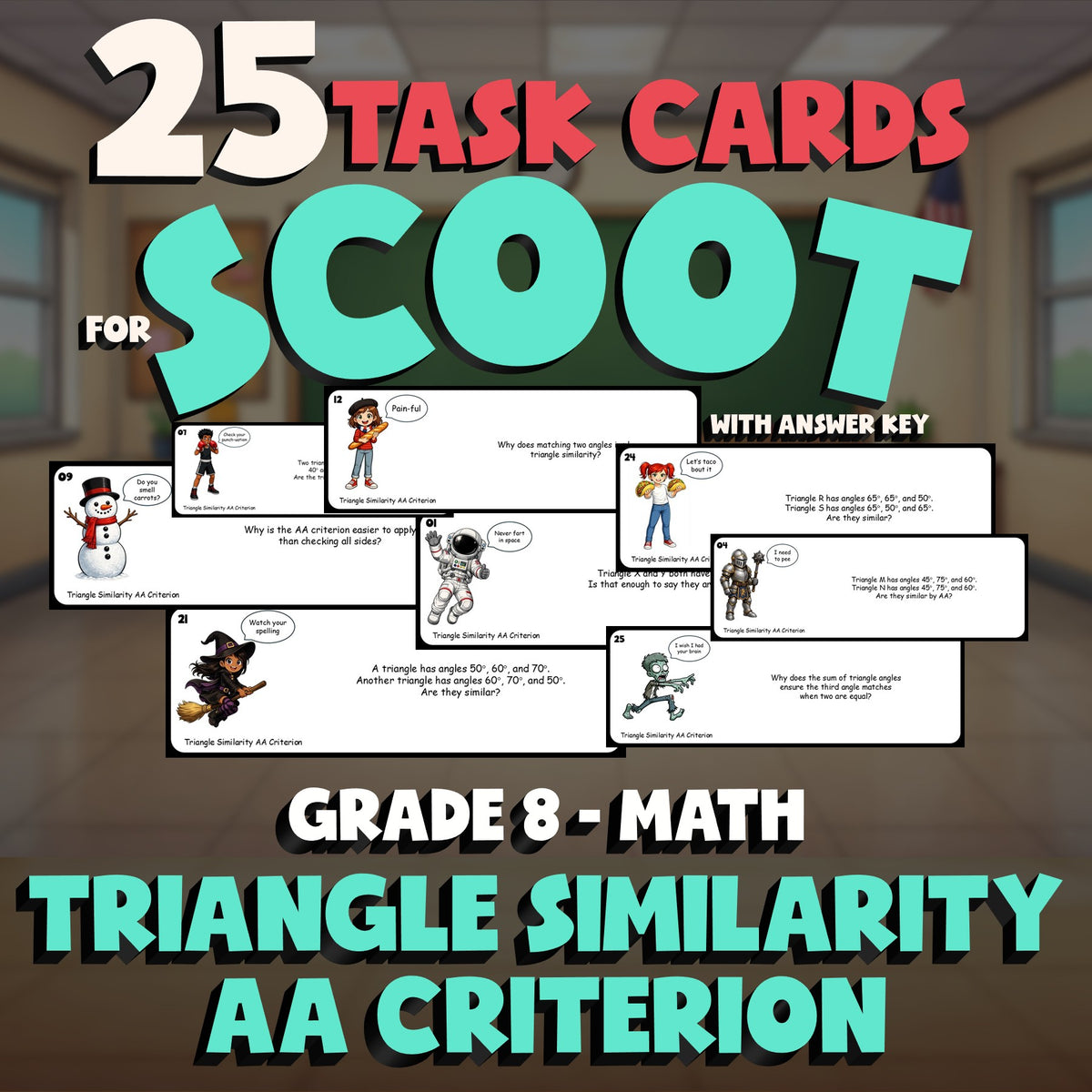 Triangle Similarity AA Criterion SCOOT TASK CARDS Math Game - No Prep Grade 8