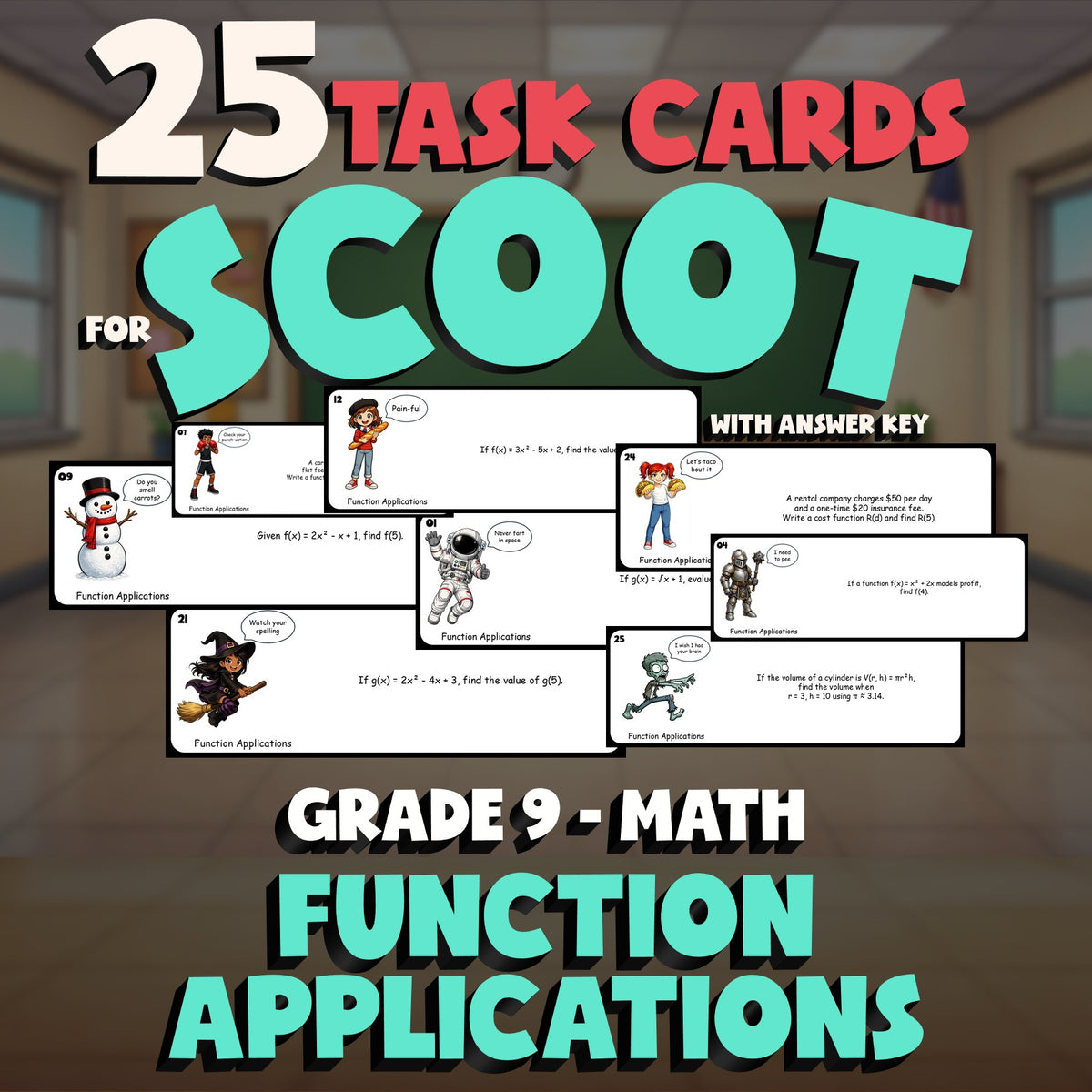 Function Applications SCOOT TASK CARDS Math Game - No Prep Grade 9 Review