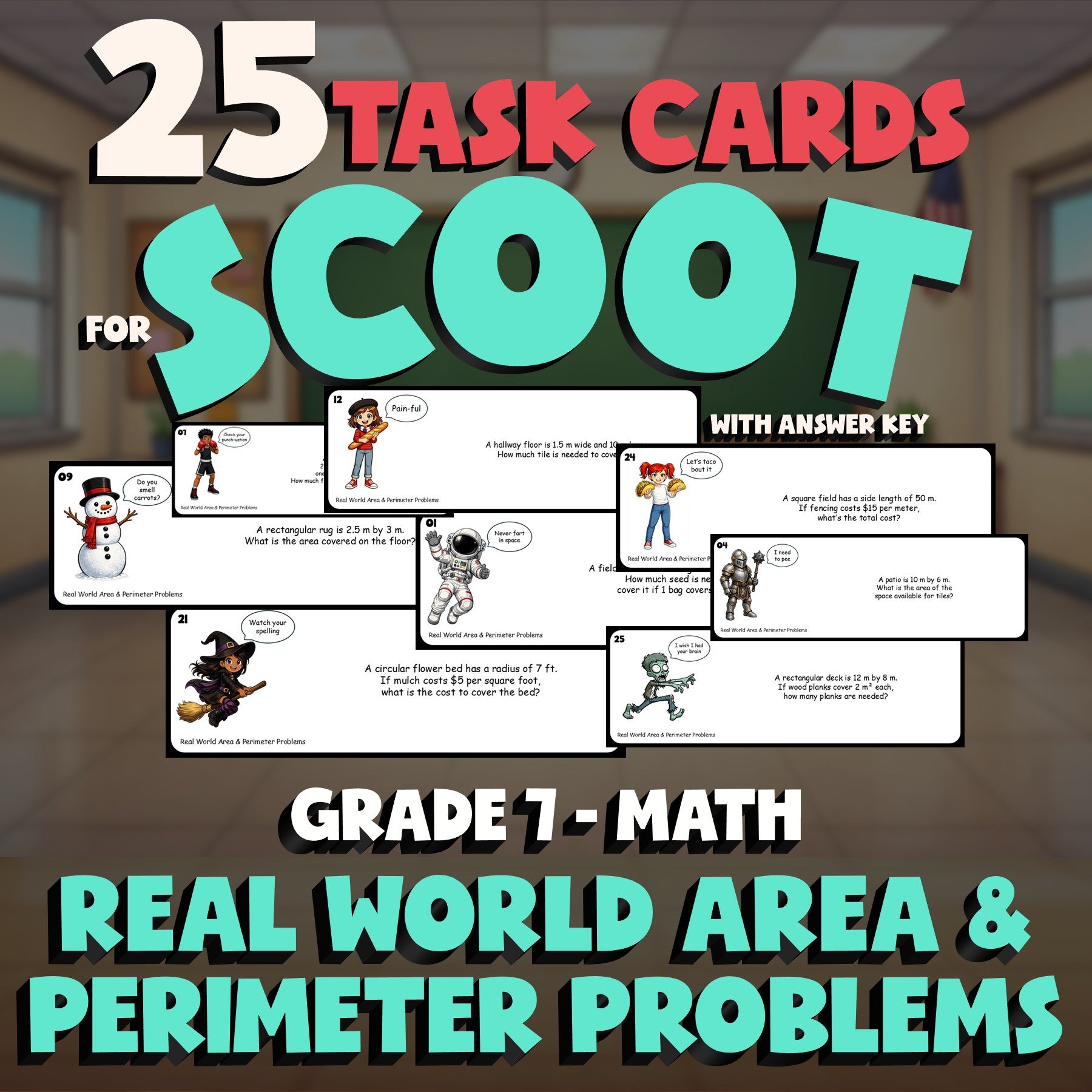 Real World Area & Perimeter Problems SCOOT TASK CARDS Math Game - Grade 7