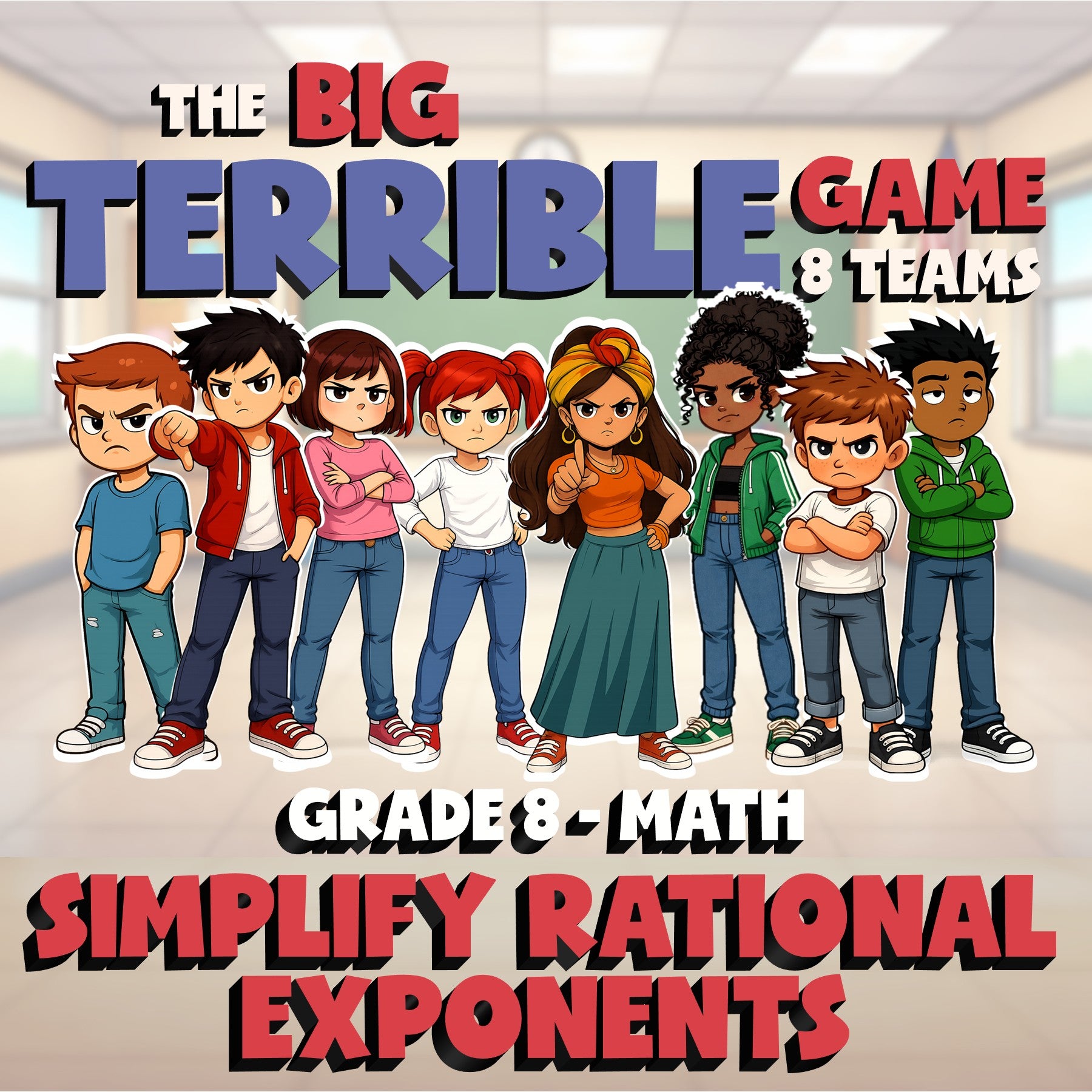 Simplify Rational Exponents BIG TERRIBLE GAME - No Prep Grade 8 Math Review