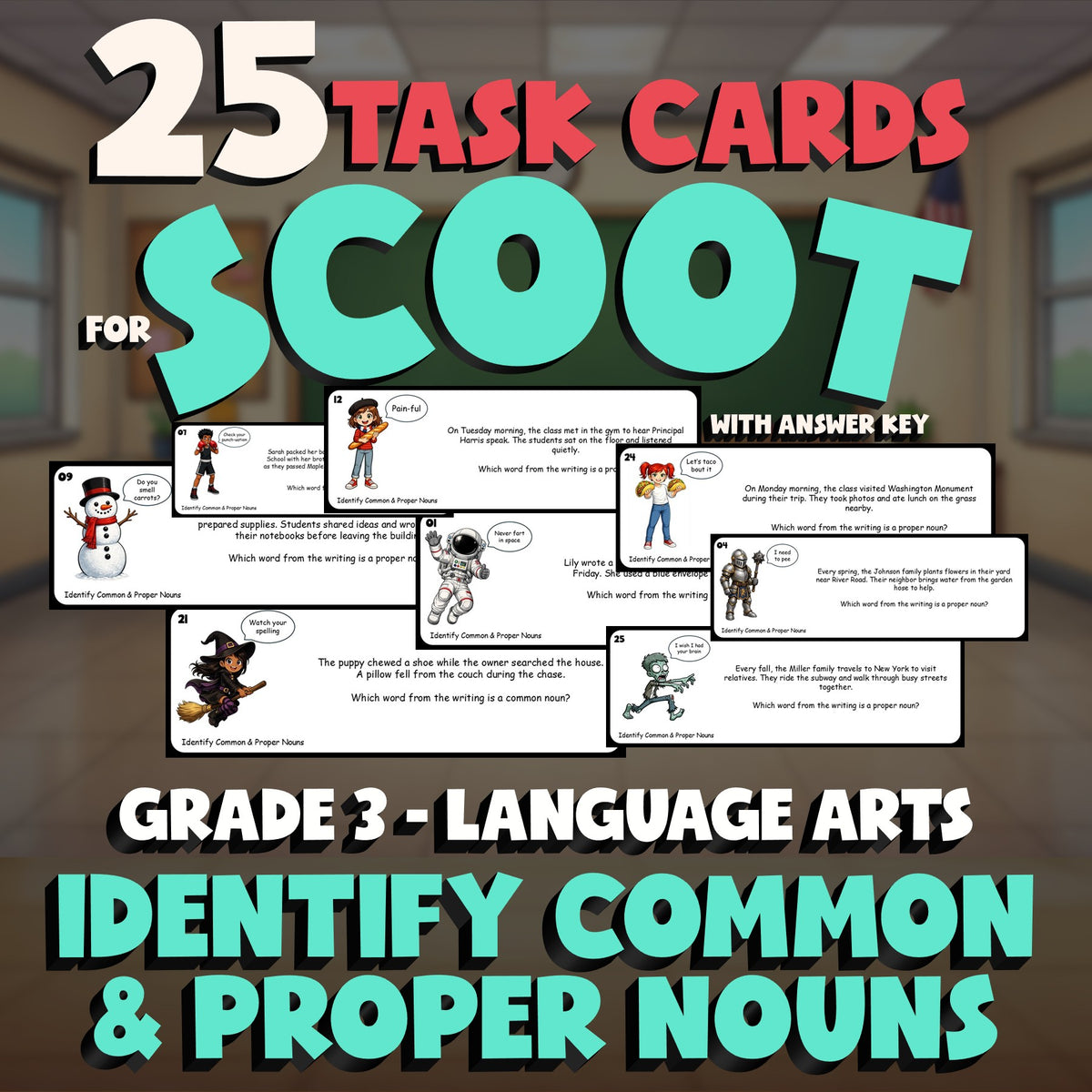 Identify Common & Proper Nouns SCOOT TASK CARDS ELA Game - No Prep Grade 3