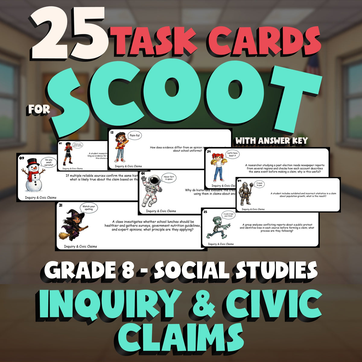 Inquiry & Civic Claims SCOOT TASK CARDS Socials Game - No Prep Grade 8 Review
