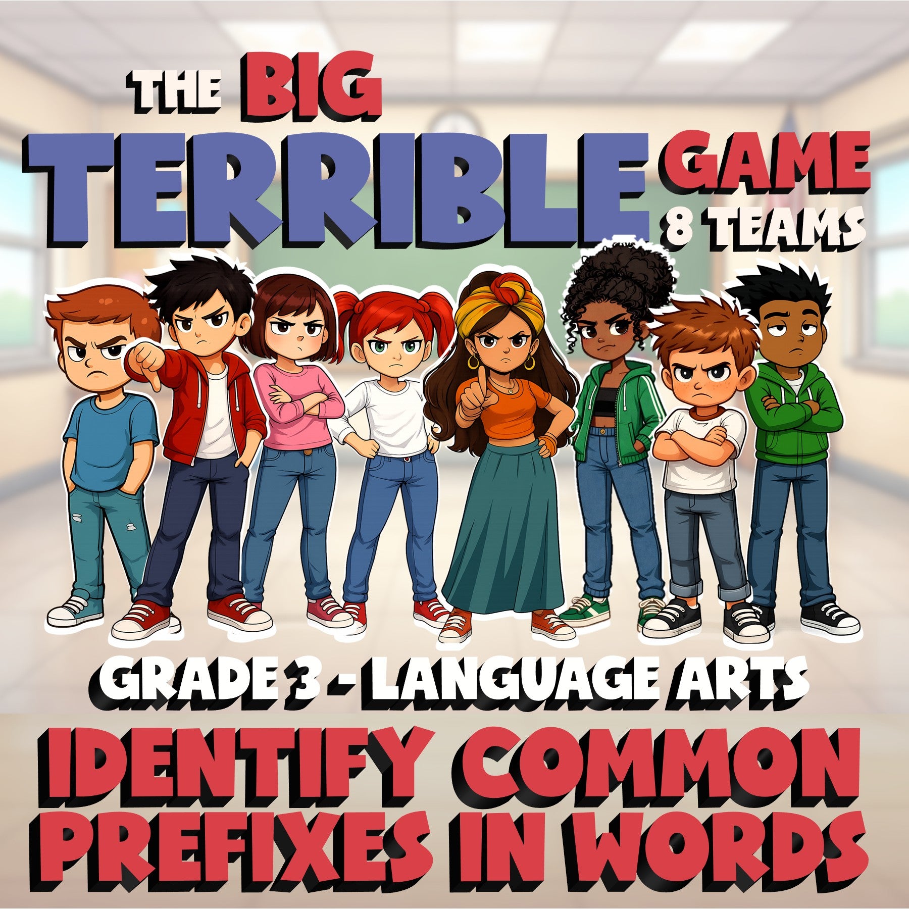 Identify Common Prefixes in Words BIG TERRIBLE GAME - No Prep Grade 3 ELA Review