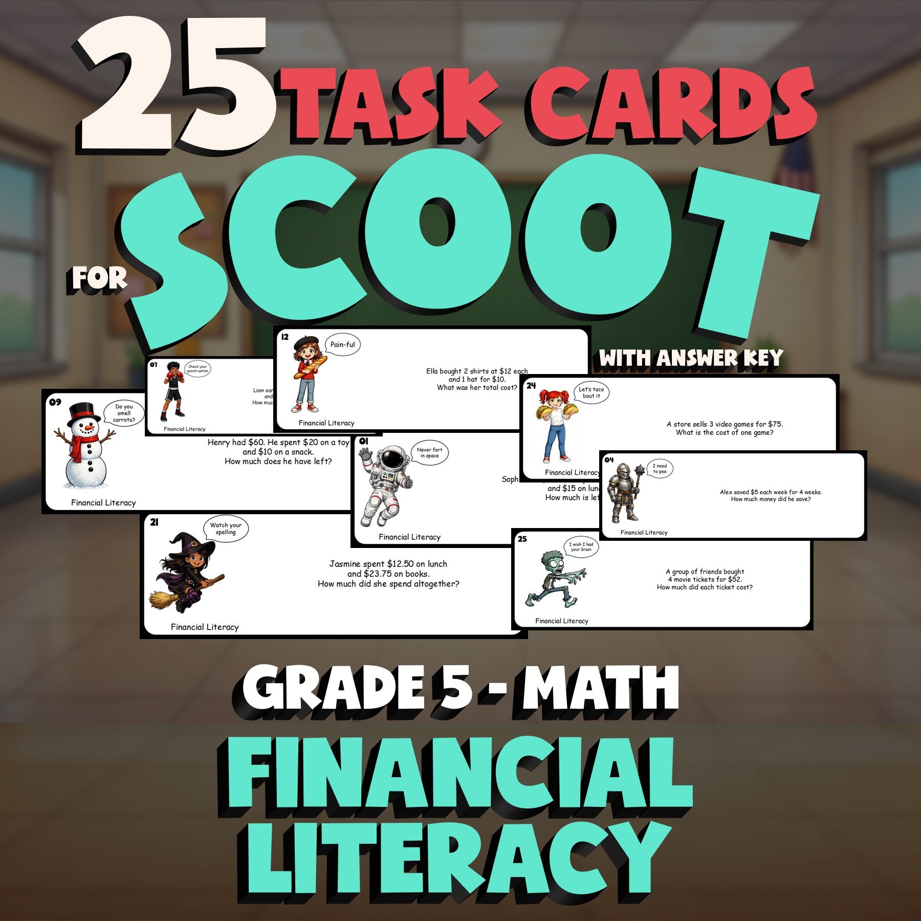 Financial Literacy SCOOT TASK CARDS Math Game - No Prep Grade 5 Review Activity