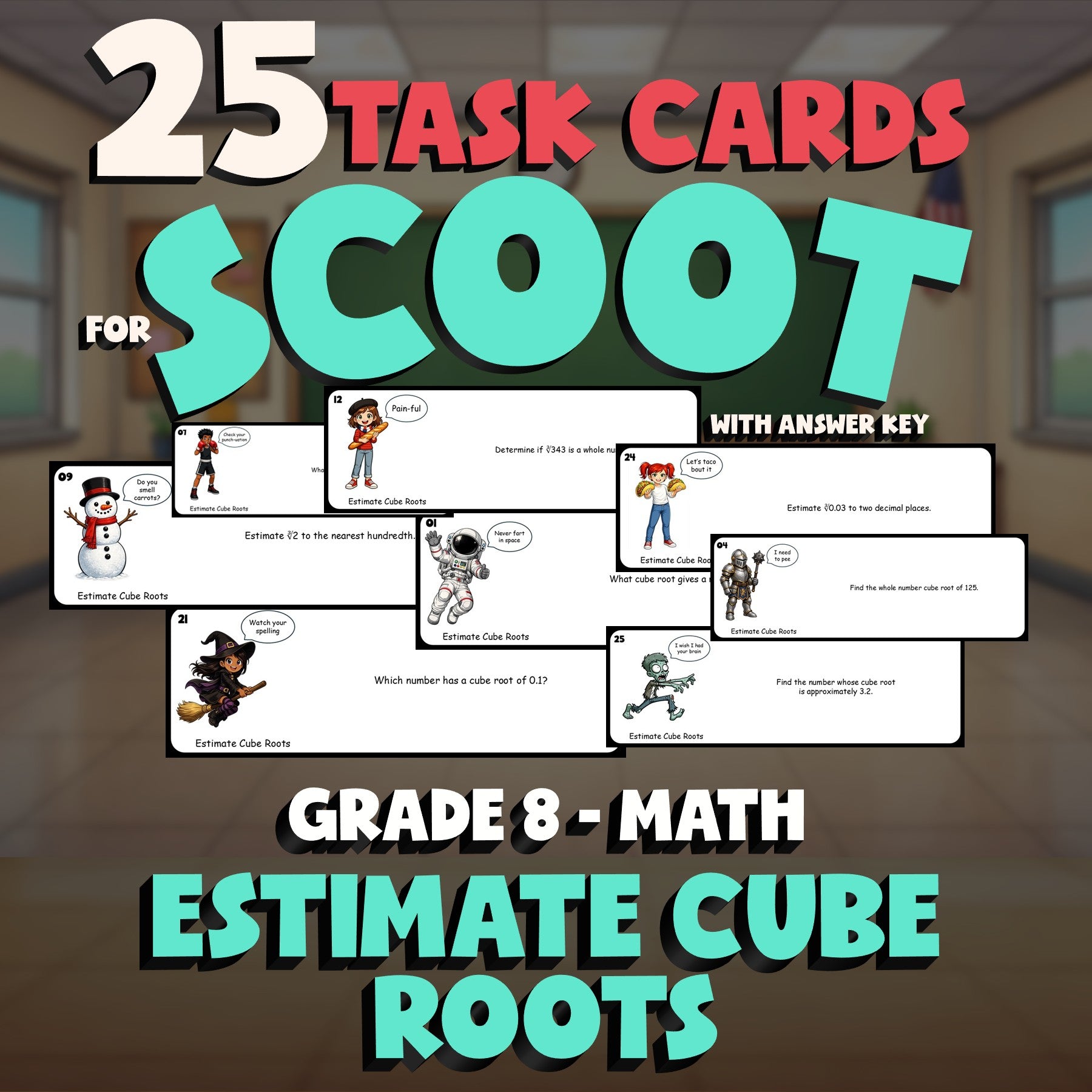 Estimate Cube Roots SCOOT TASK CARDS Math Game - No Prep Grade 8 Review Activity