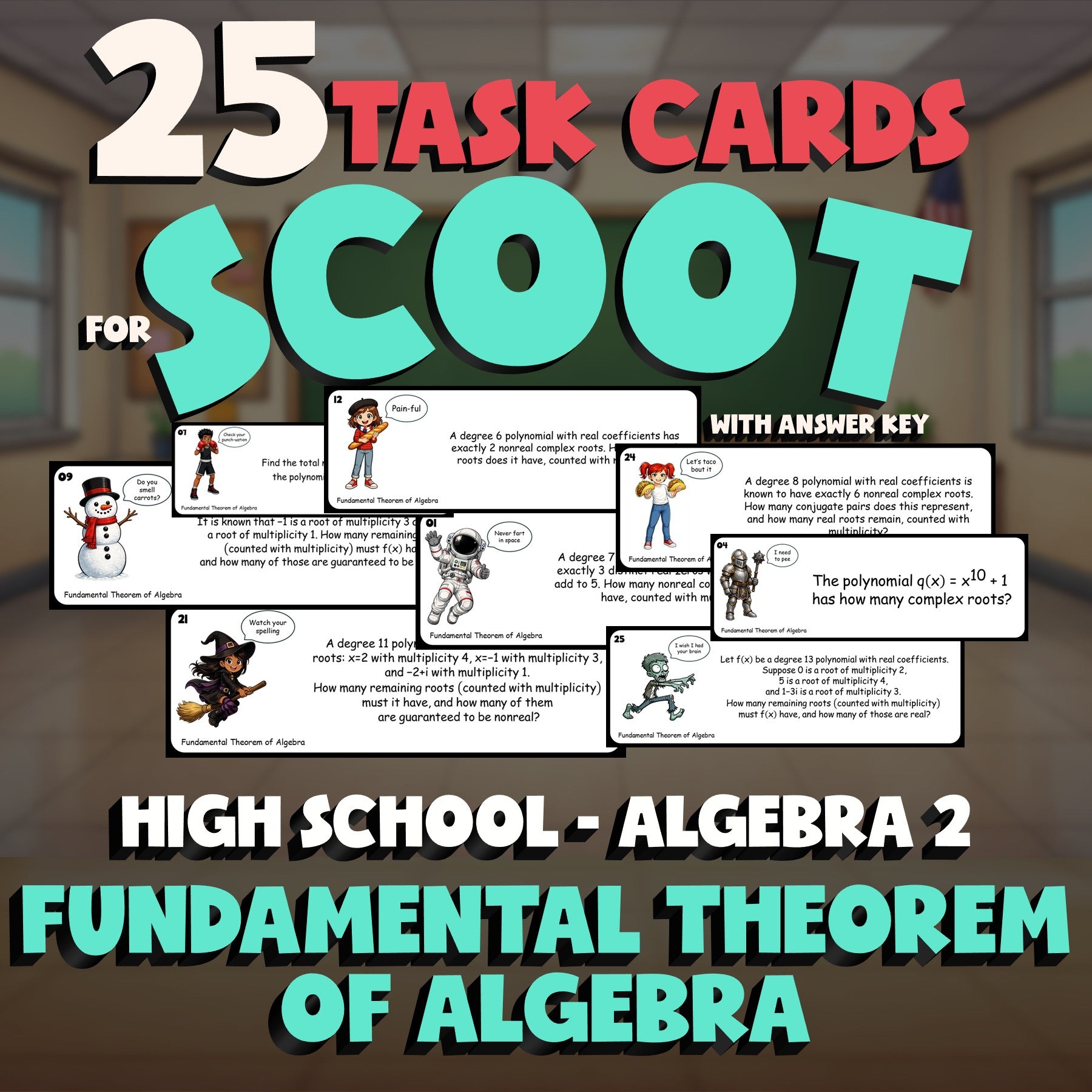 Fundamental Theorem of Algebra SCOOT TASK CARDS Math Game - No Prep Algebra 2