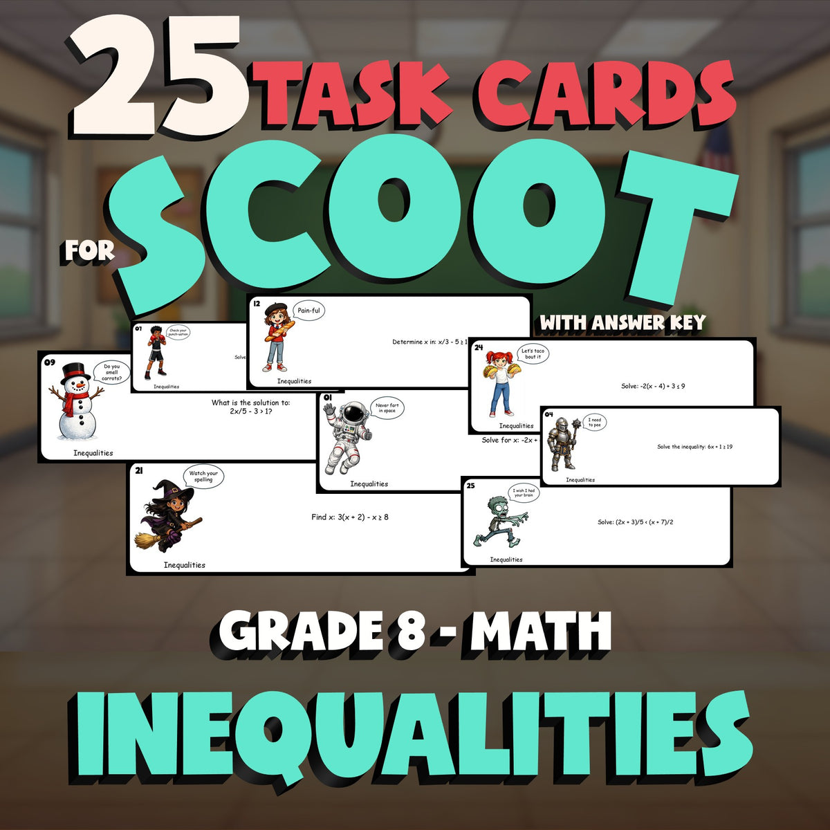 Inequalities SCOOT TASK CARDS Math Game - No Prep Grade 8 Review Activity