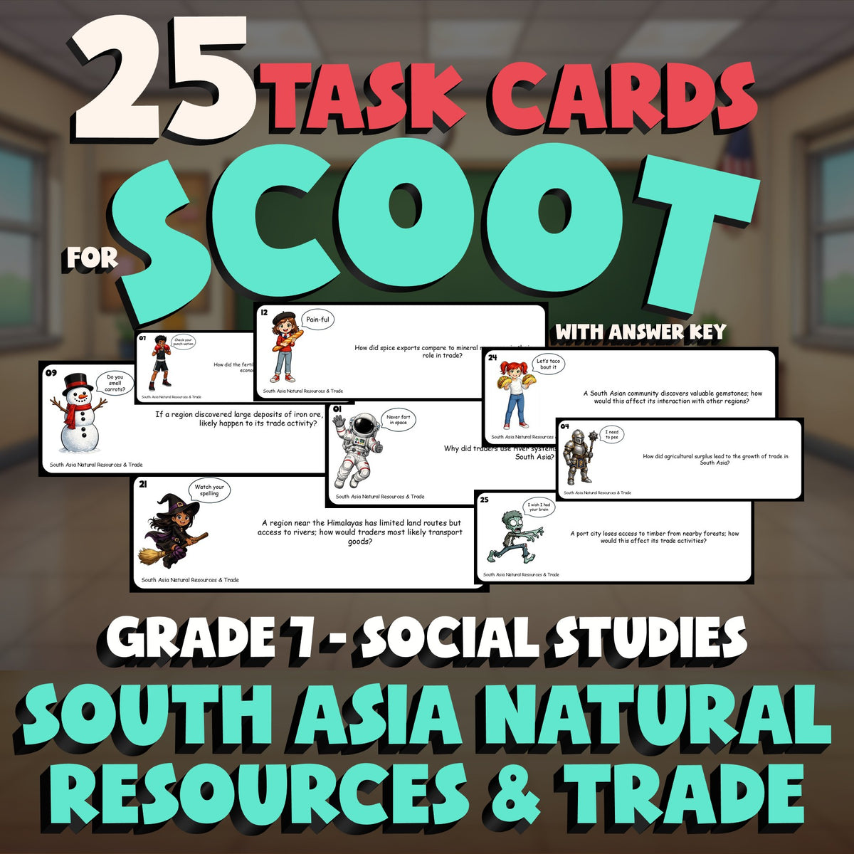 South Asia Natural Resources & Trade SCOOT TASK CARDS Socials Game - Grade 7