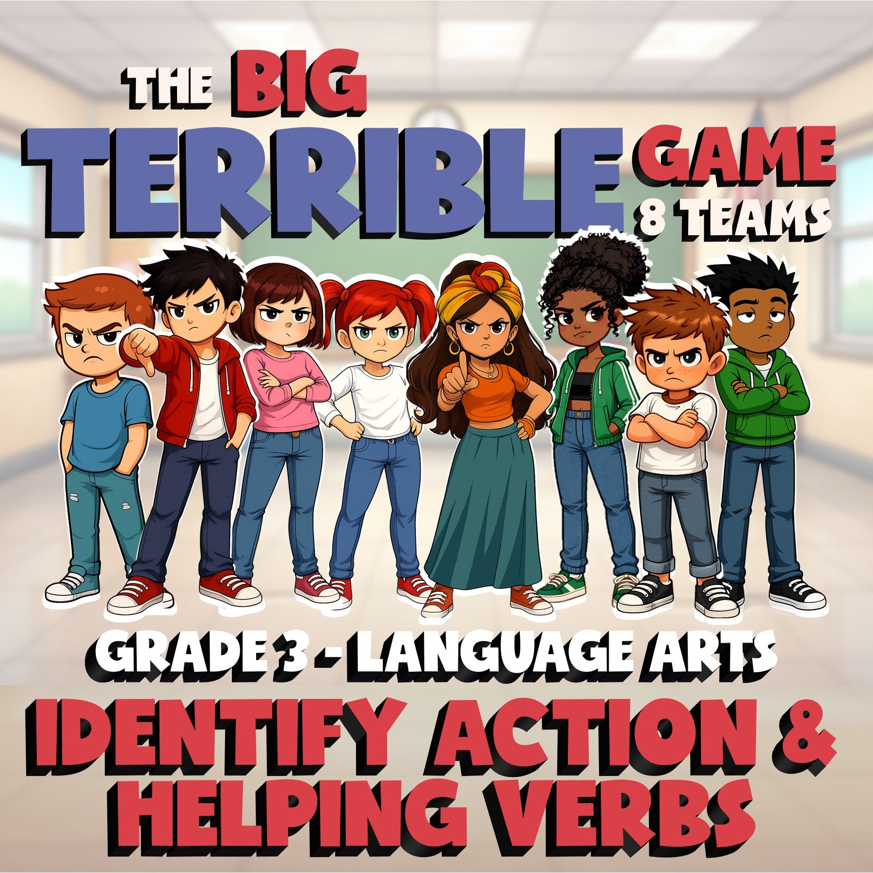 Identify Action & Helping Verbs BIG TERRIBLE GAME - No Prep Grade 3 ELA Review