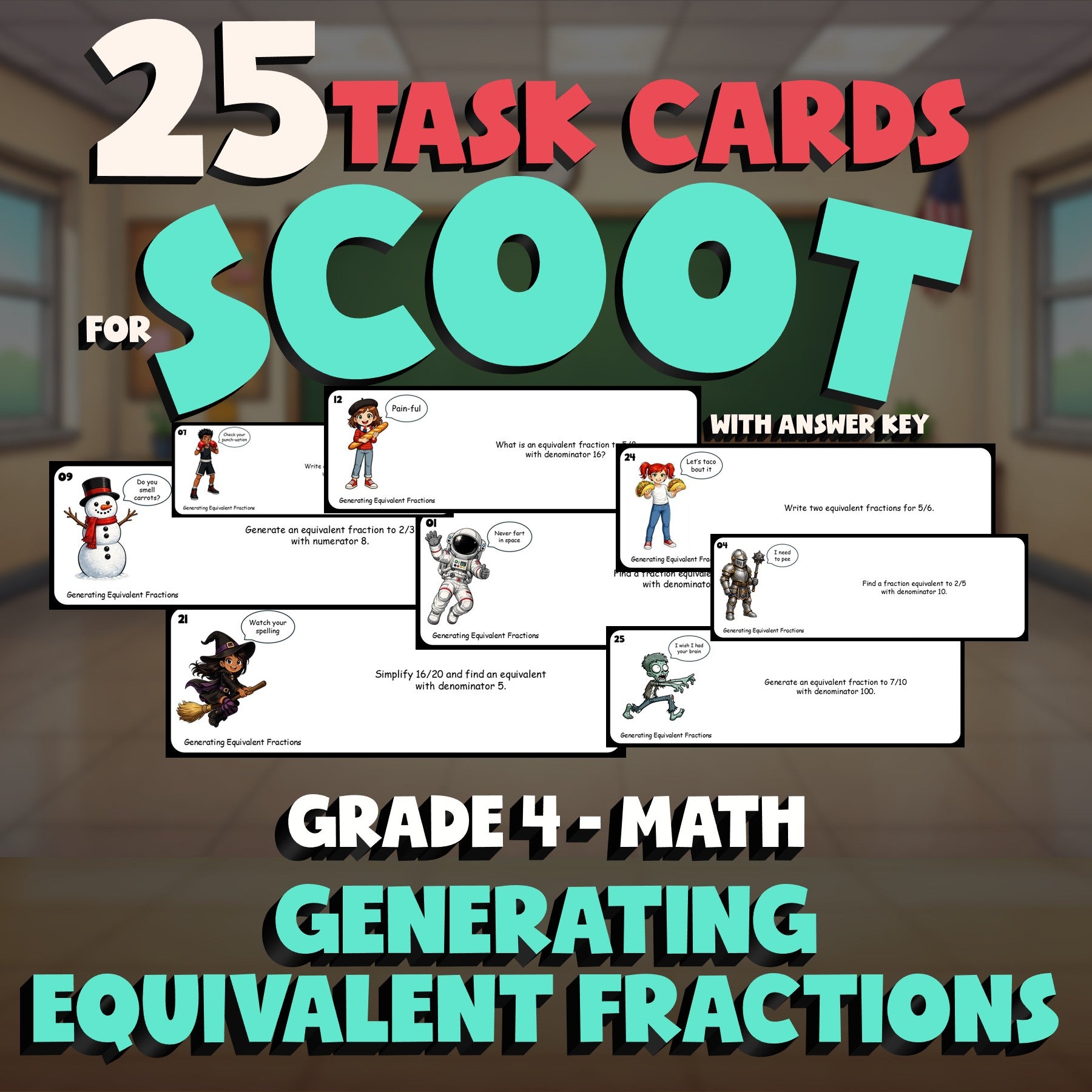 Generating Equivalent Fractions SCOOT TASK CARDS Math Game - No Prep Grade 4