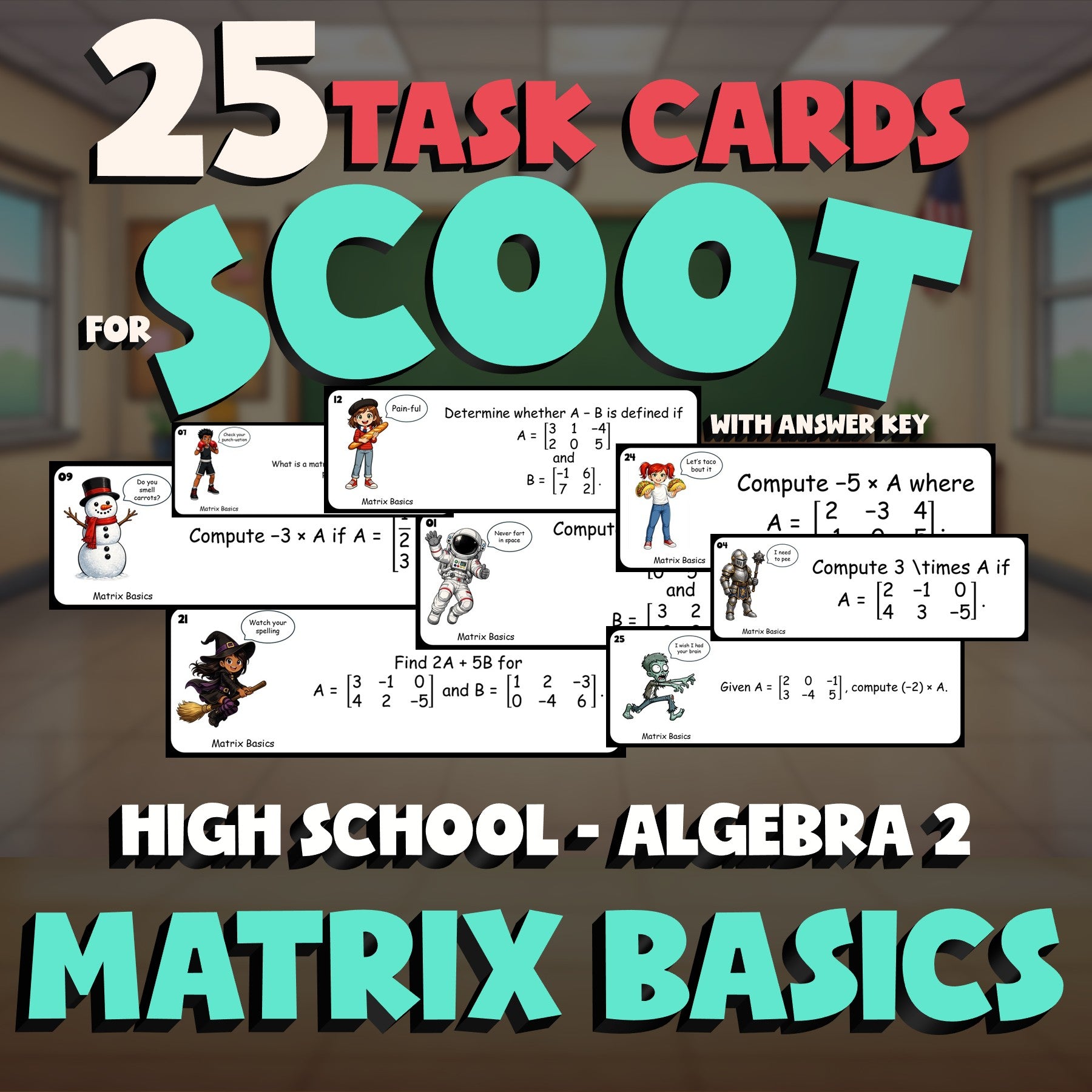 Matrix Basics SCOOT TASK CARDS Math Game - No Prep Algebra 2 Review Activity