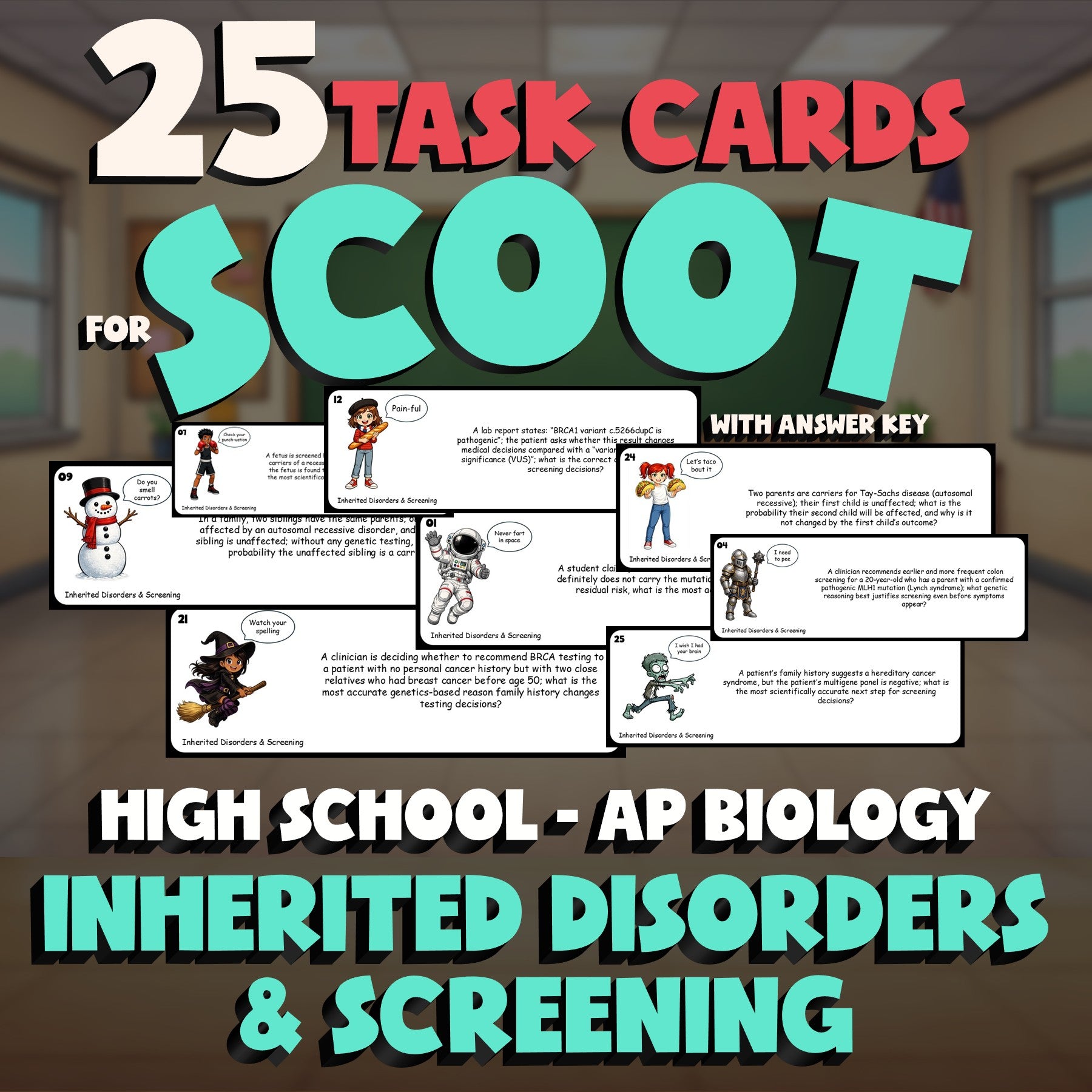 Inherited Disorders & Screening SCOOT TASK CARDS Science Game - AP Biology