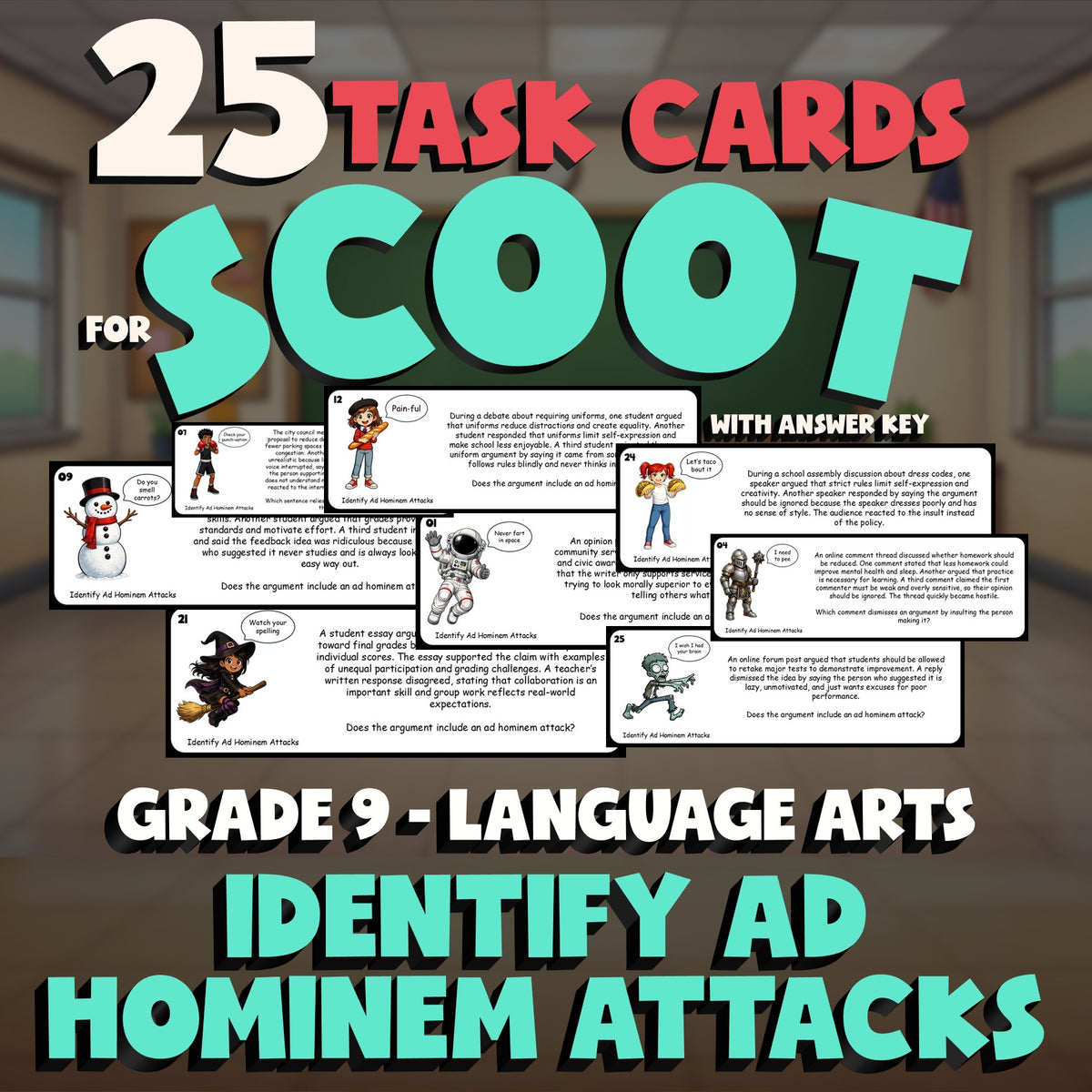 Identify Ad Hominem Attacks SCOOT TASK CARDS ELA Game - No Prep Grade 9 Review