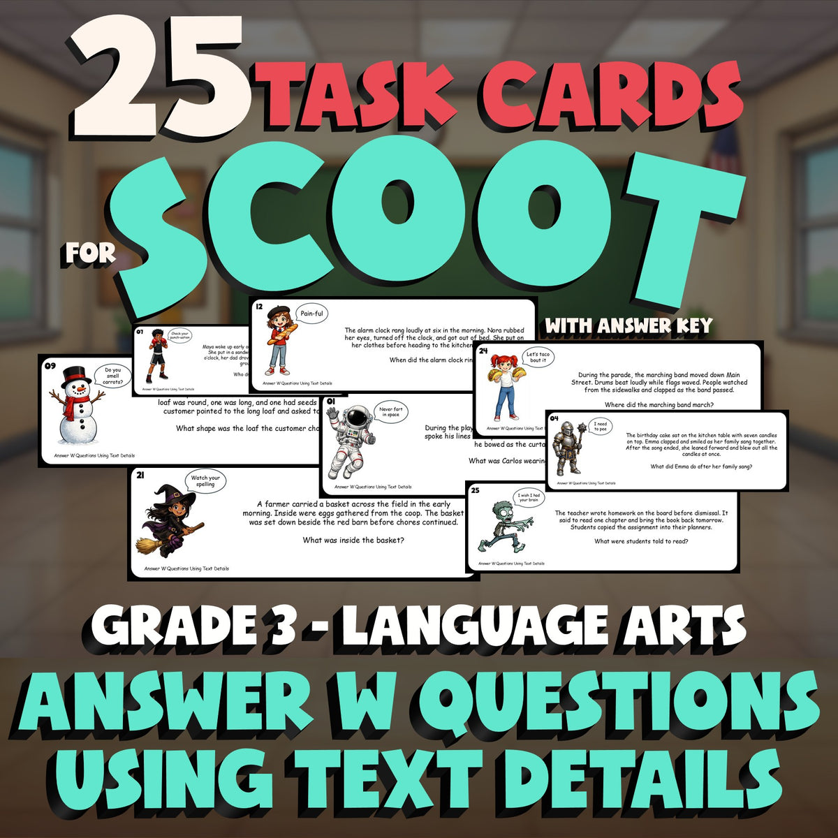 Answer W Questions Using Text Details SCOOT TASK CARDS ELA Game - Grade 3