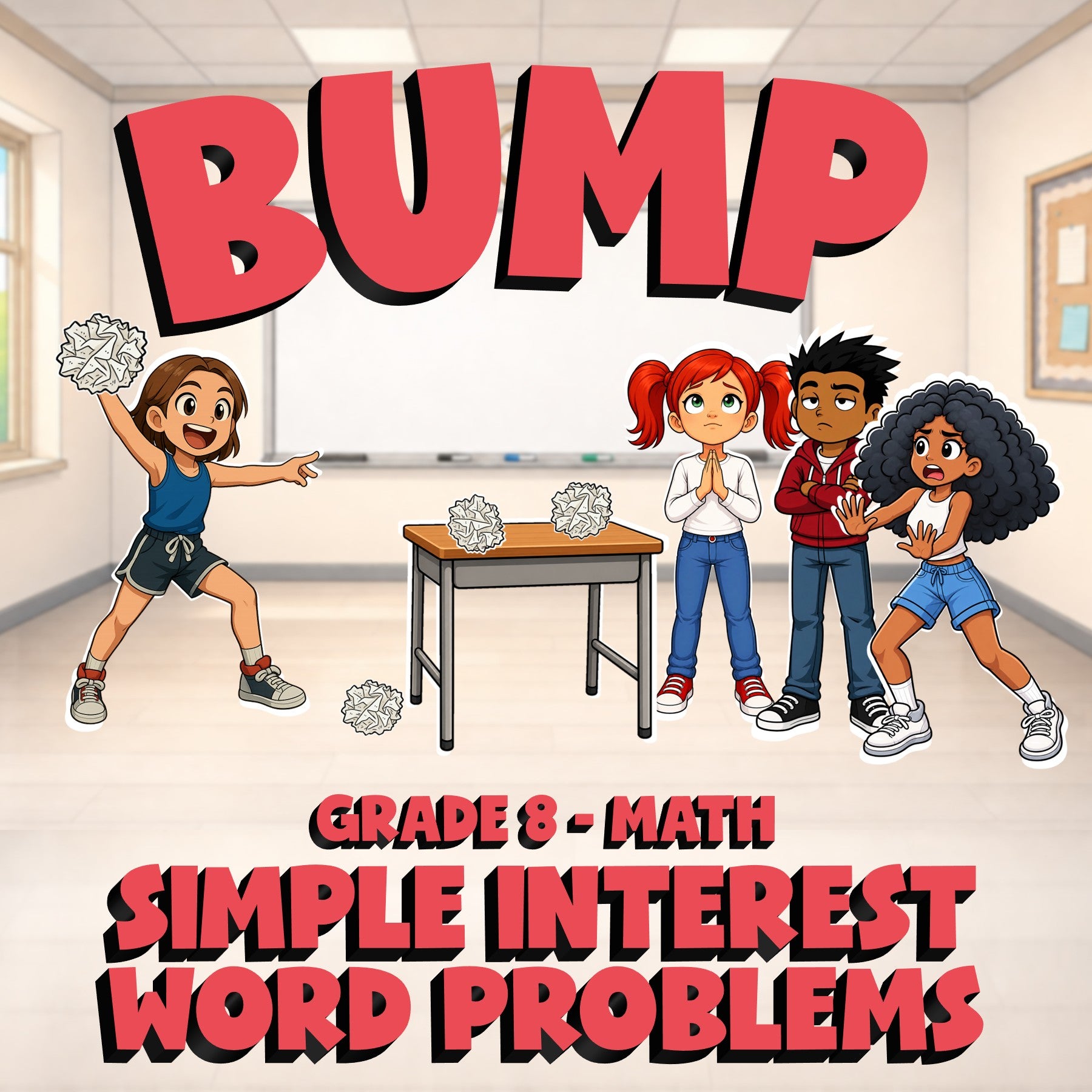 Simple Interest Word Problems BUMP Math Game - No Prep Grade 8 Review Activity