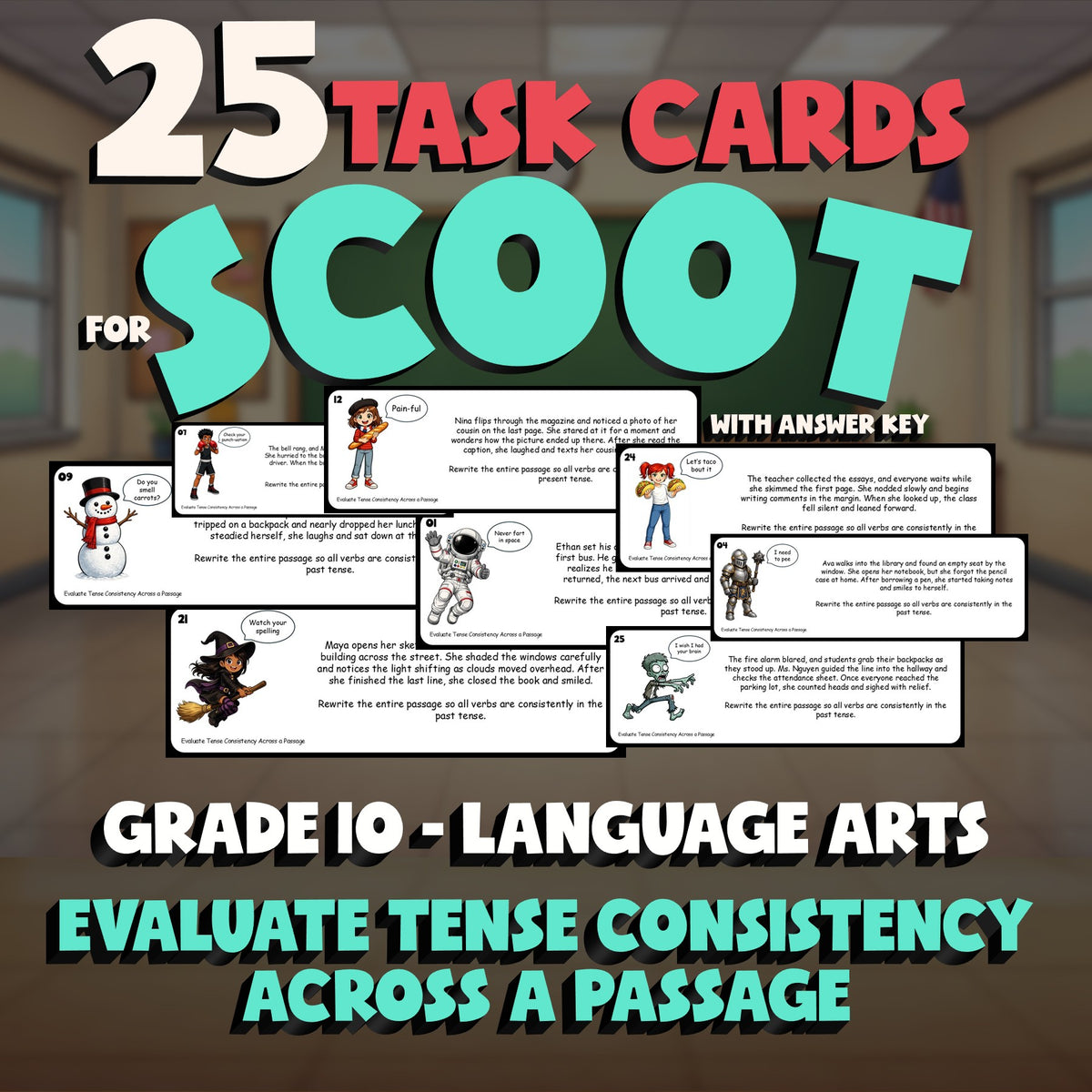 Evaluate Tense Consistency Across a Passage SCOOT TASK CARDS ELA Game - Grade 10