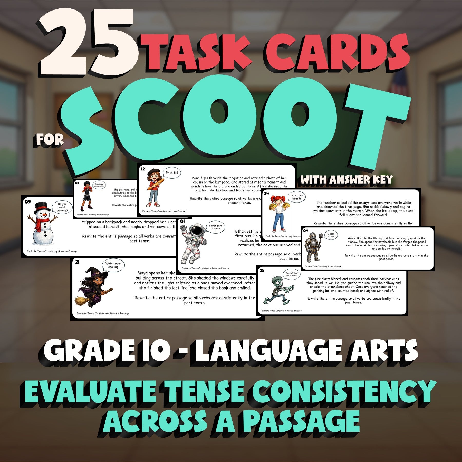 Evaluate Tense Consistency Across a Passage SCOOT TASK CARDS ELA Game - Grade 10