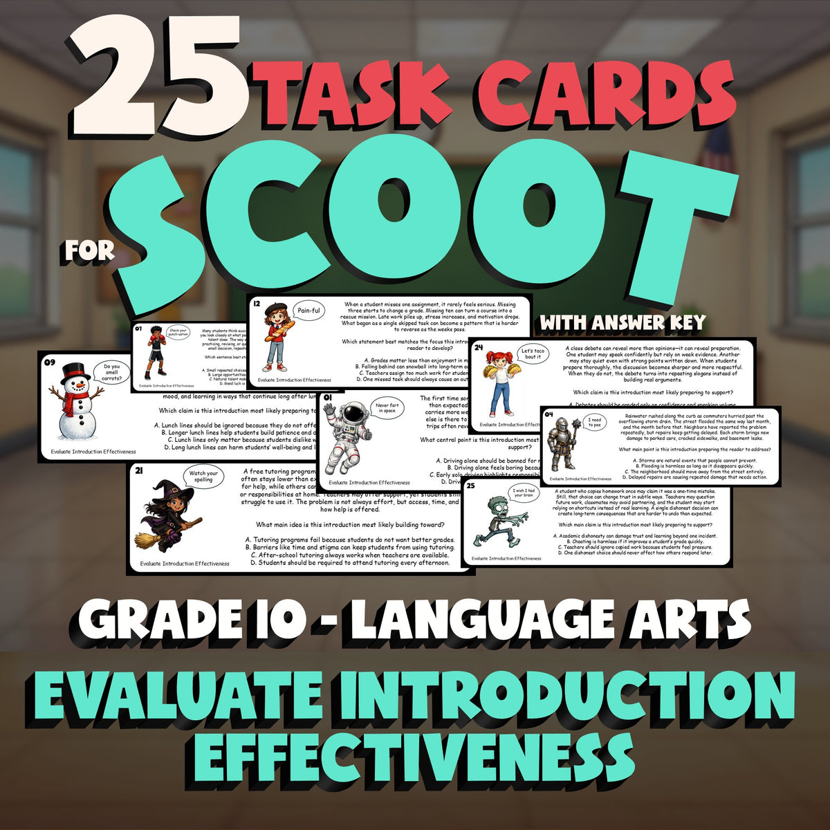 Evaluate Introduction Effectiveness SCOOT TASK CARDS ELA Game - No Prep Grade 10