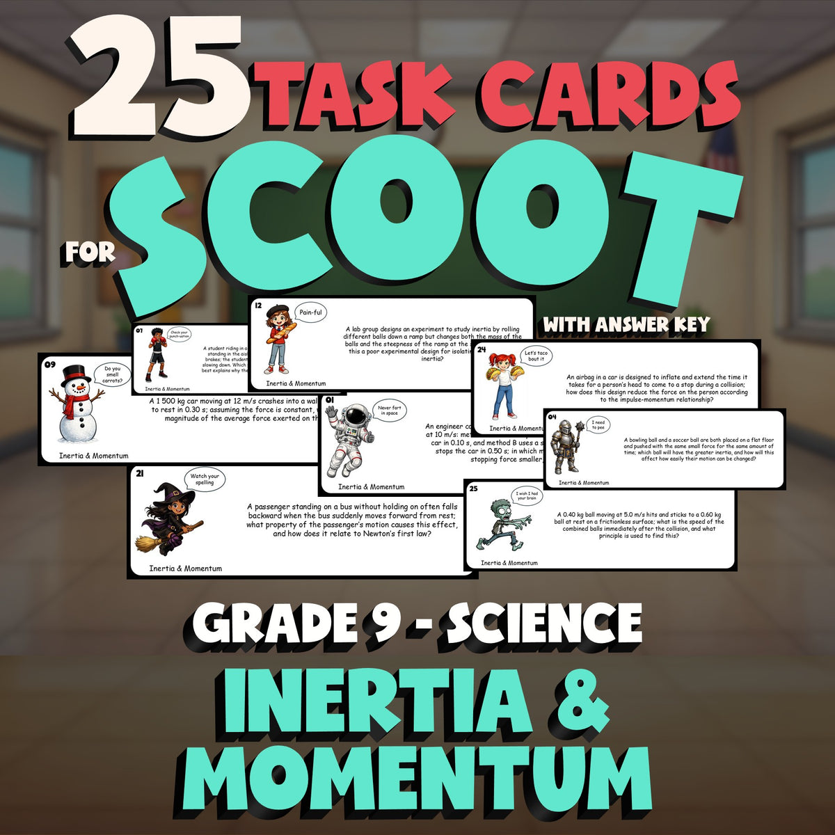 Inertia & Momentum SCOOT TASK CARDS Science Game - No Prep Grade 9 Review