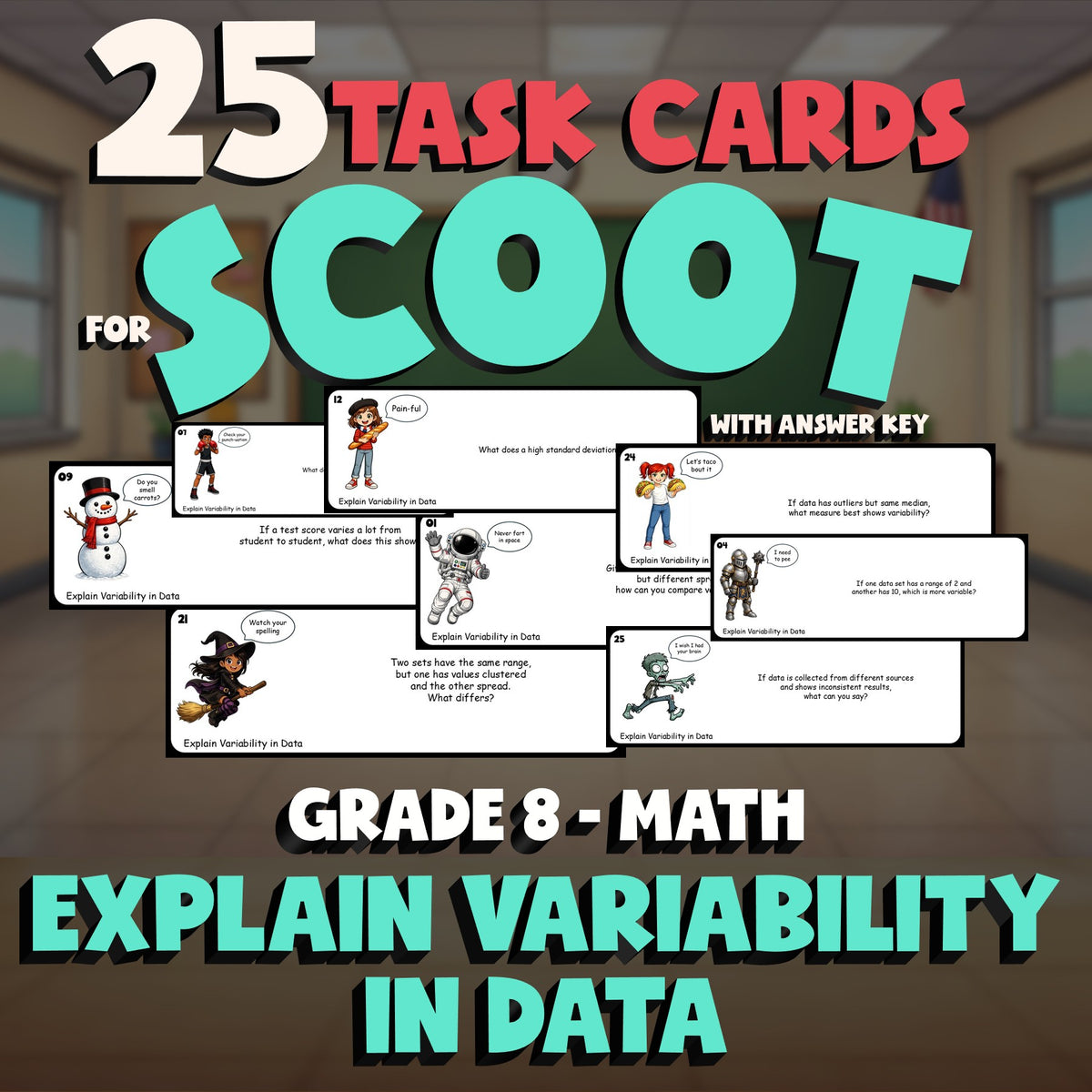 Explain Variability in Data SCOOT TASK CARDS Math Game - No Prep Grade 8 Review