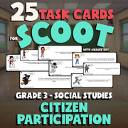 Citizen Participation SCOOT TASK CARDS Socials Game - No Prep Grade 3 Review