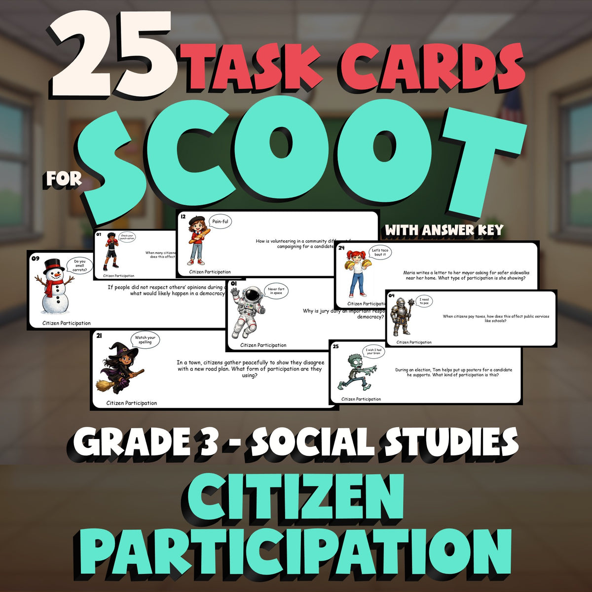 Citizen Participation SCOOT TASK CARDS Socials Game - No Prep Grade 3 Review