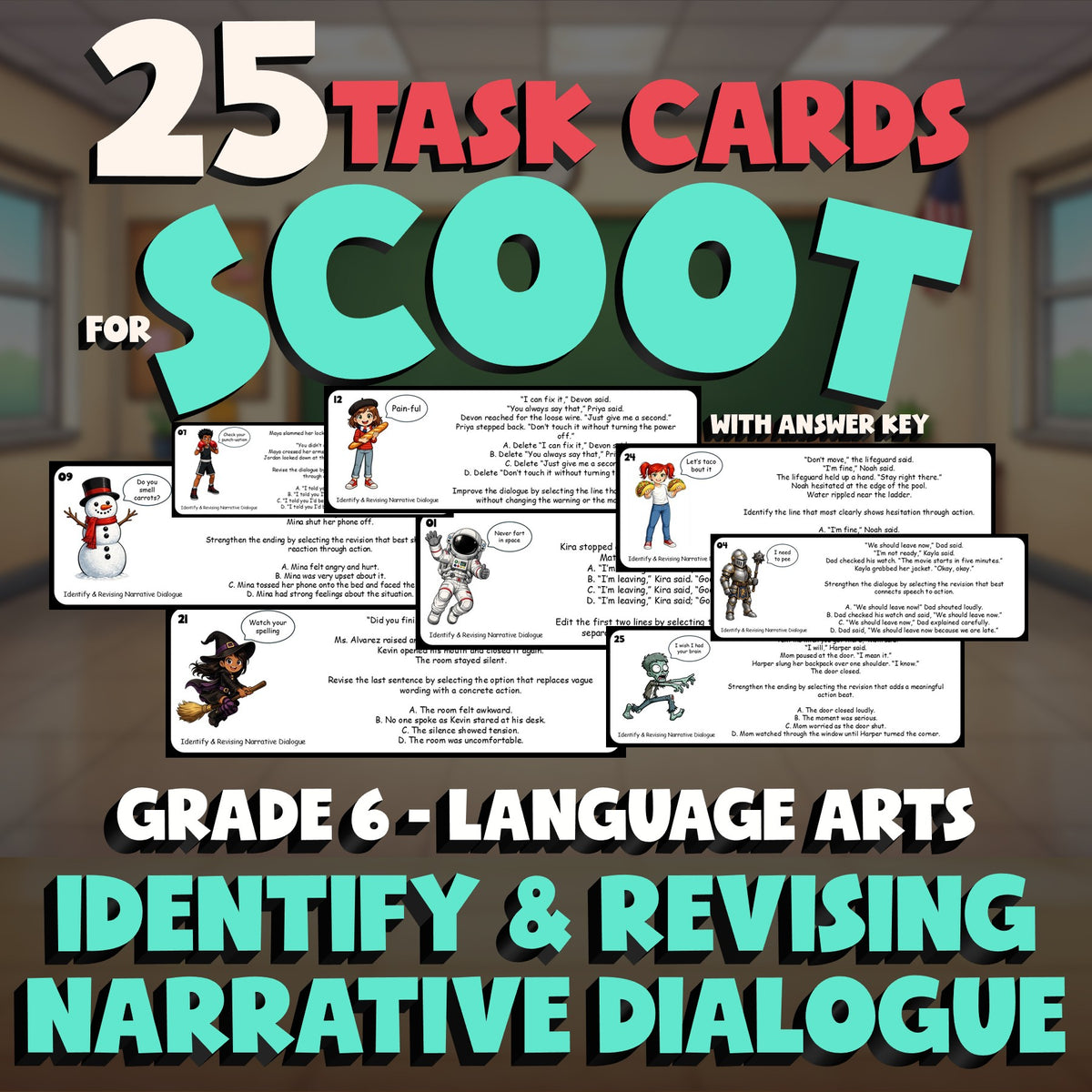 Identify & Revising Narrative Dialogue SCOOT TASK CARDS ELA Game - Grade 6