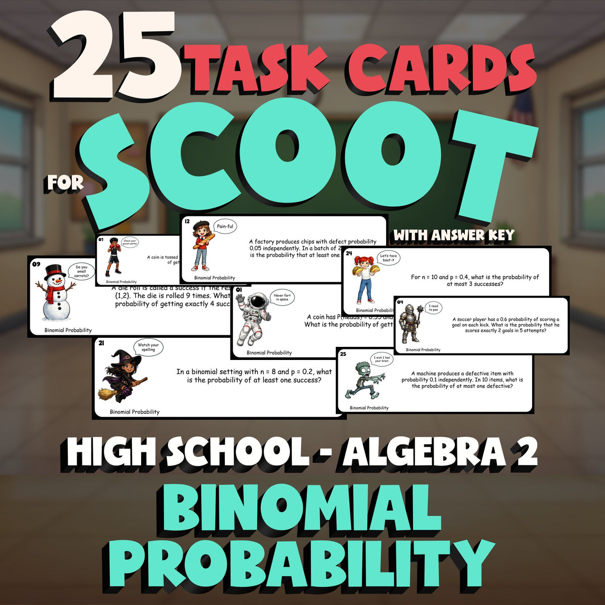 Binomial Probability SCOOT TASK CARDS Math Game - No Prep Algebra 2 Review