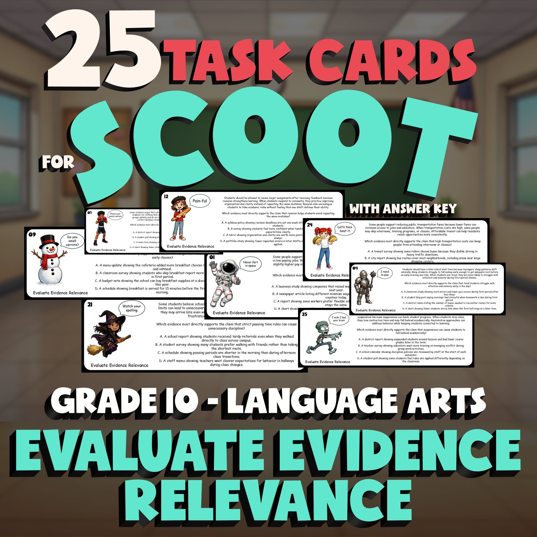 Evaluate Evidence Relevance SCOOT TASK CARDS ELA Game - No Prep Grade 10 Review