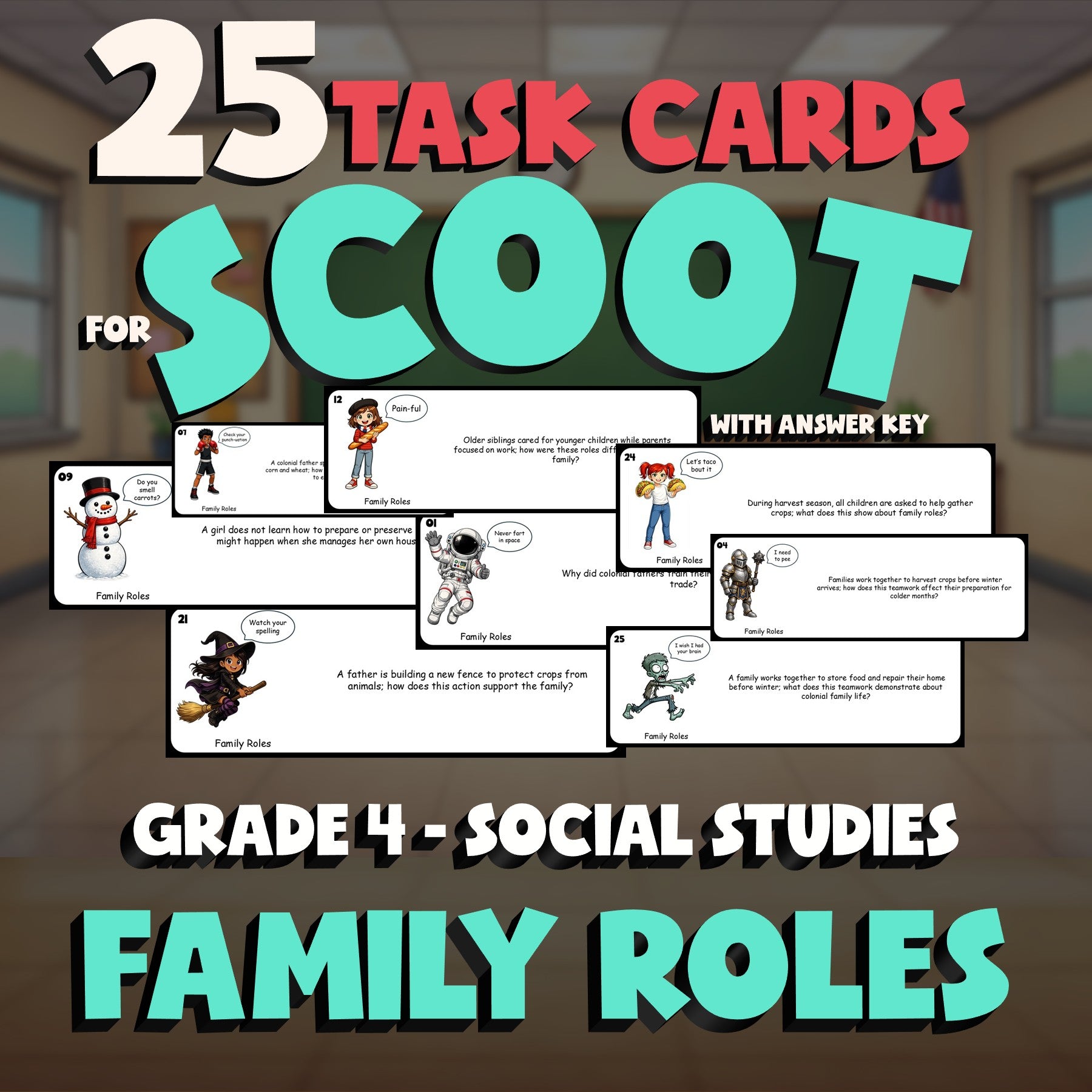 Family Roles SCOOT TASK CARDS Socials Game - No Prep Grade 4 Review Activity