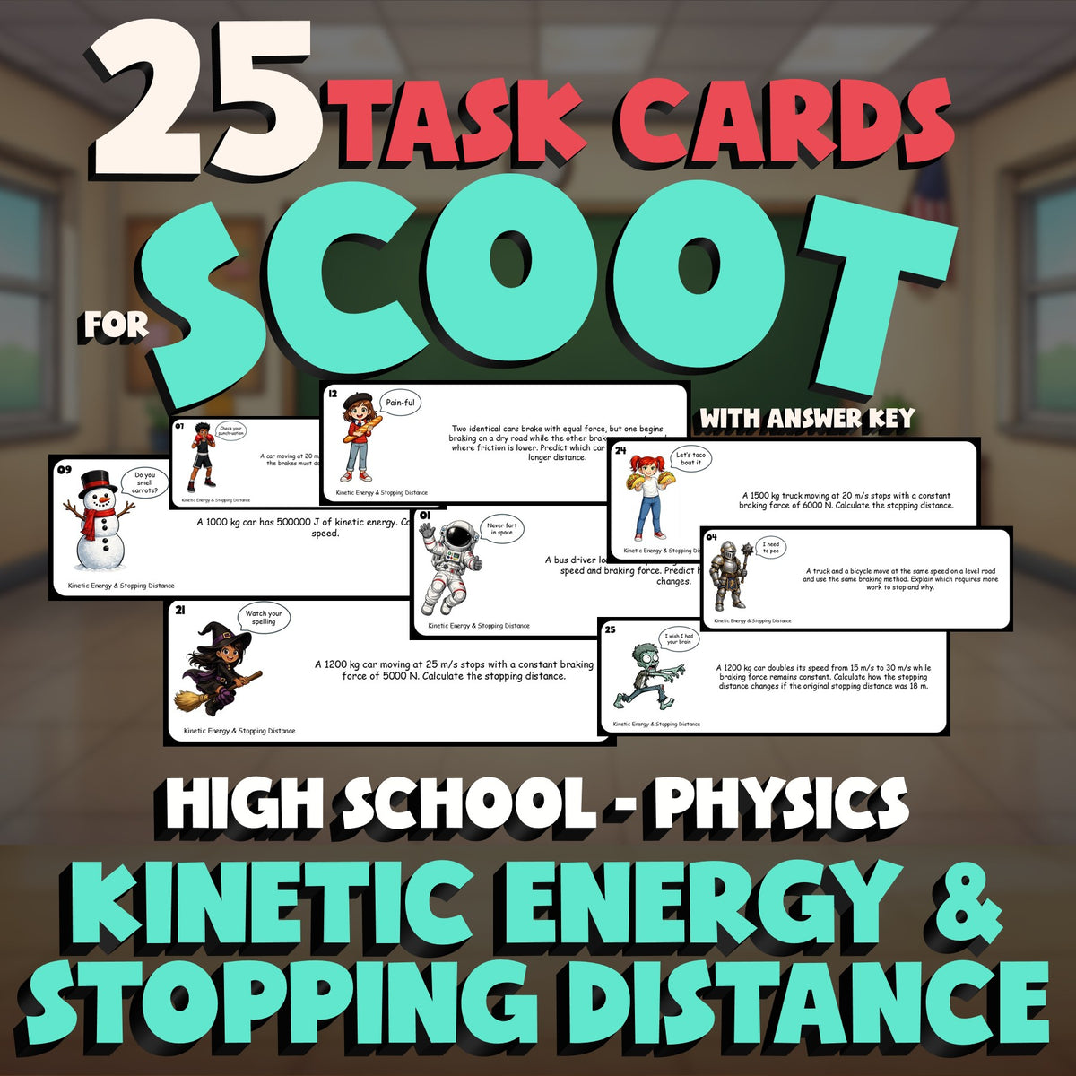 Kinetic Energy & Stopping Distance SCOOT TASK CARDS Science Game - Physics