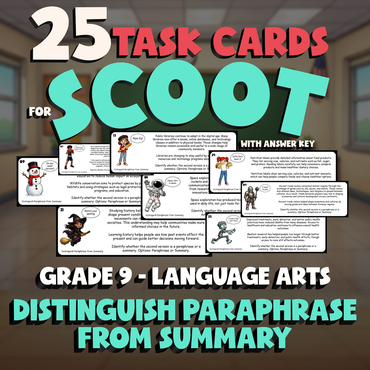 Distinguish Paraphrase from Summary SCOOT TASK CARDS ELA Game - No Prep Grade 9