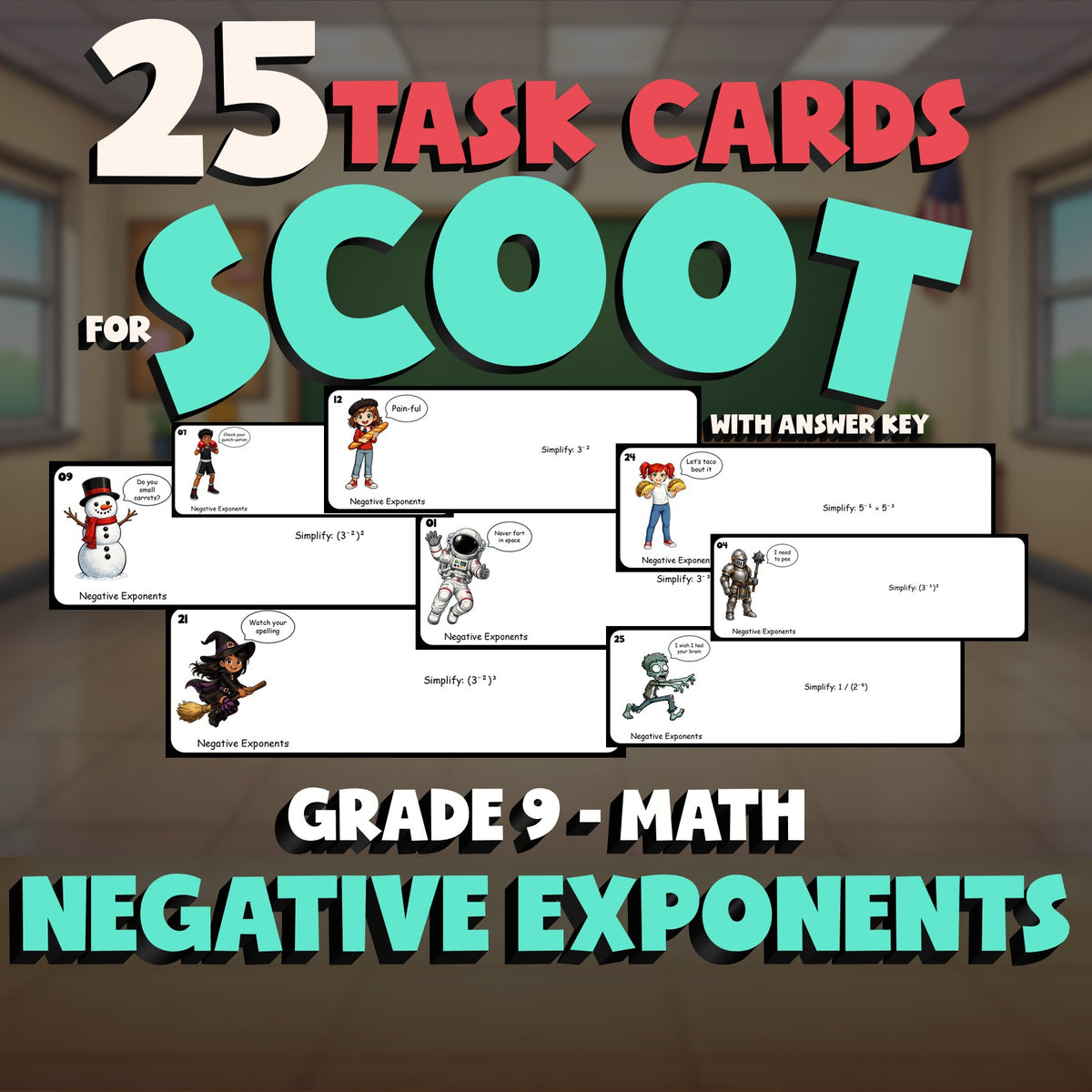 Negative Exponents SCOOT TASK CARDS Math Game - No Prep Grade 9 Review Activity