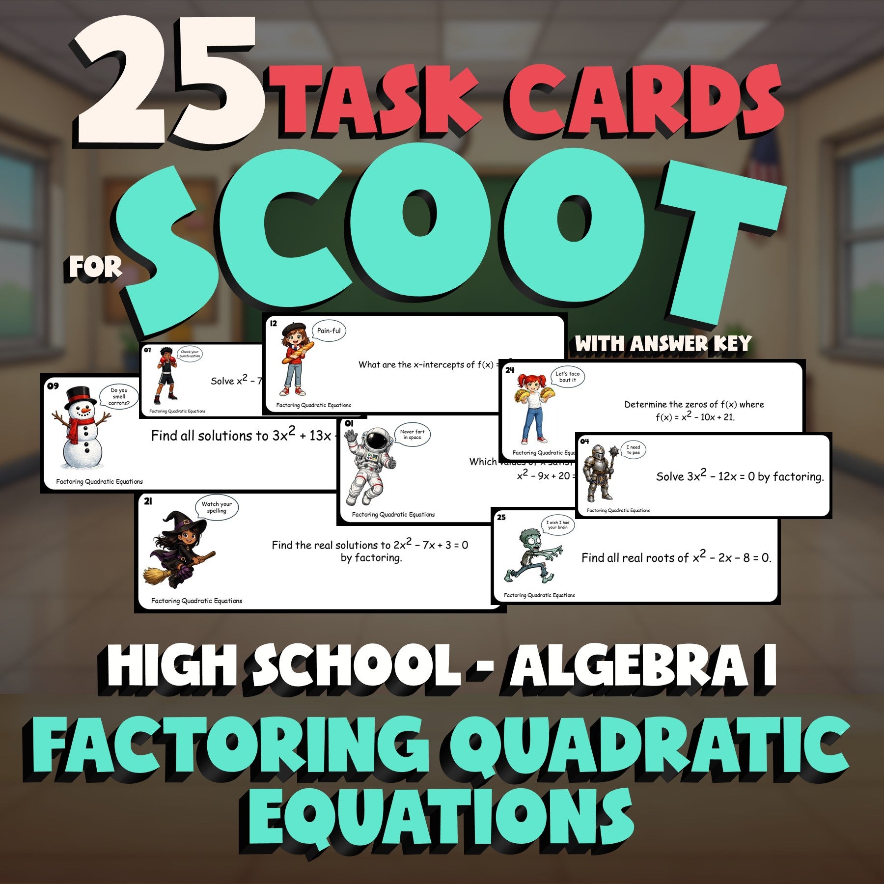 Factoring Quadratic Equations SCOOT TASK CARDS Math Game - No Prep Algebra 1