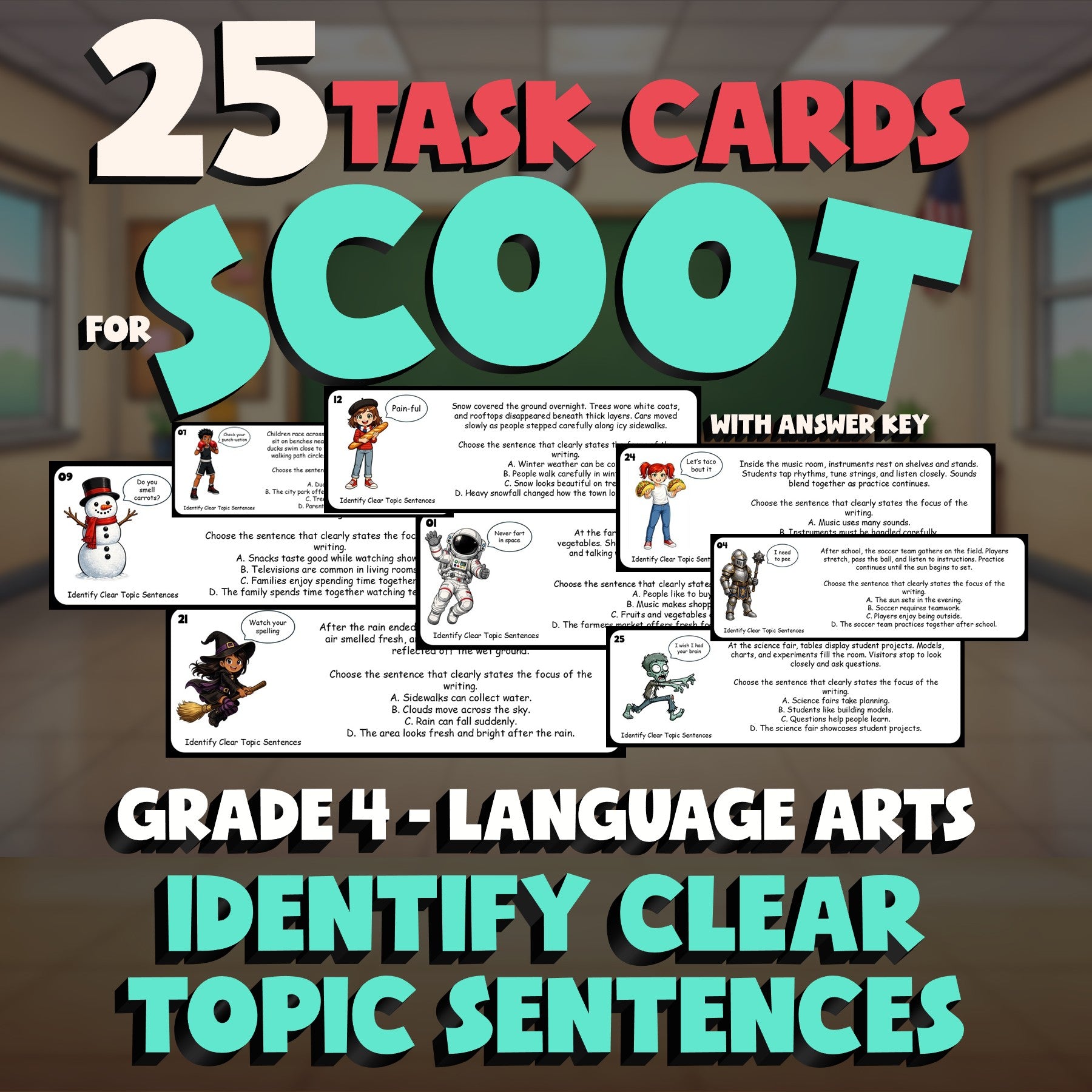 Identify Clear Topic Sentences SCOOT TASK CARDS ELA Game - No Prep Grade 4