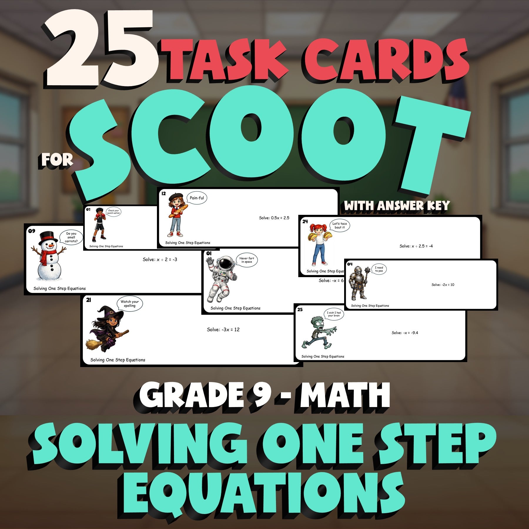 Solving One Step Equations SCOOT TASK CARDS Math Game - No Prep Grade 9 Review