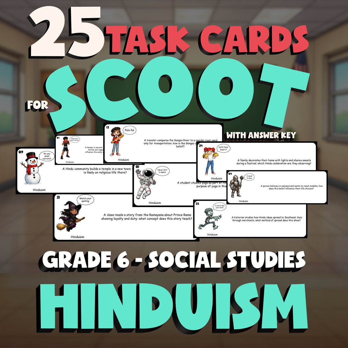 Hinduism SCOOT TASK CARDS Socials Game - No Prep Grade 6 Review Activity