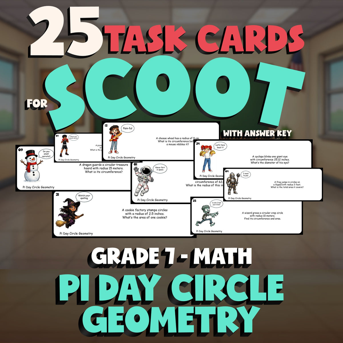 Pi Day Circle Geometry SCOOT TASK CARDS Math Game - No Prep Grade 7 Review